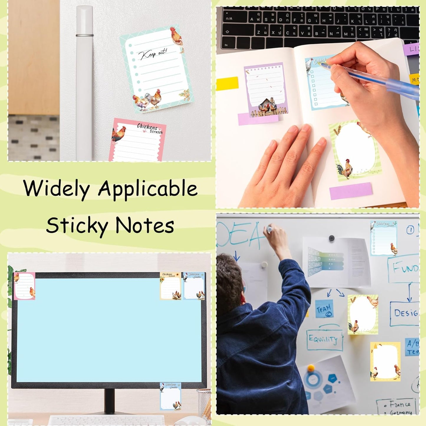 9 Pack Funny Chicken Sticky Notes Set, 450 Sheets Farm-Themed Self-Stick Notepads with Cute Hen and Rooster Designs, Country Gifts for Women Chicken Lovers or Office Use