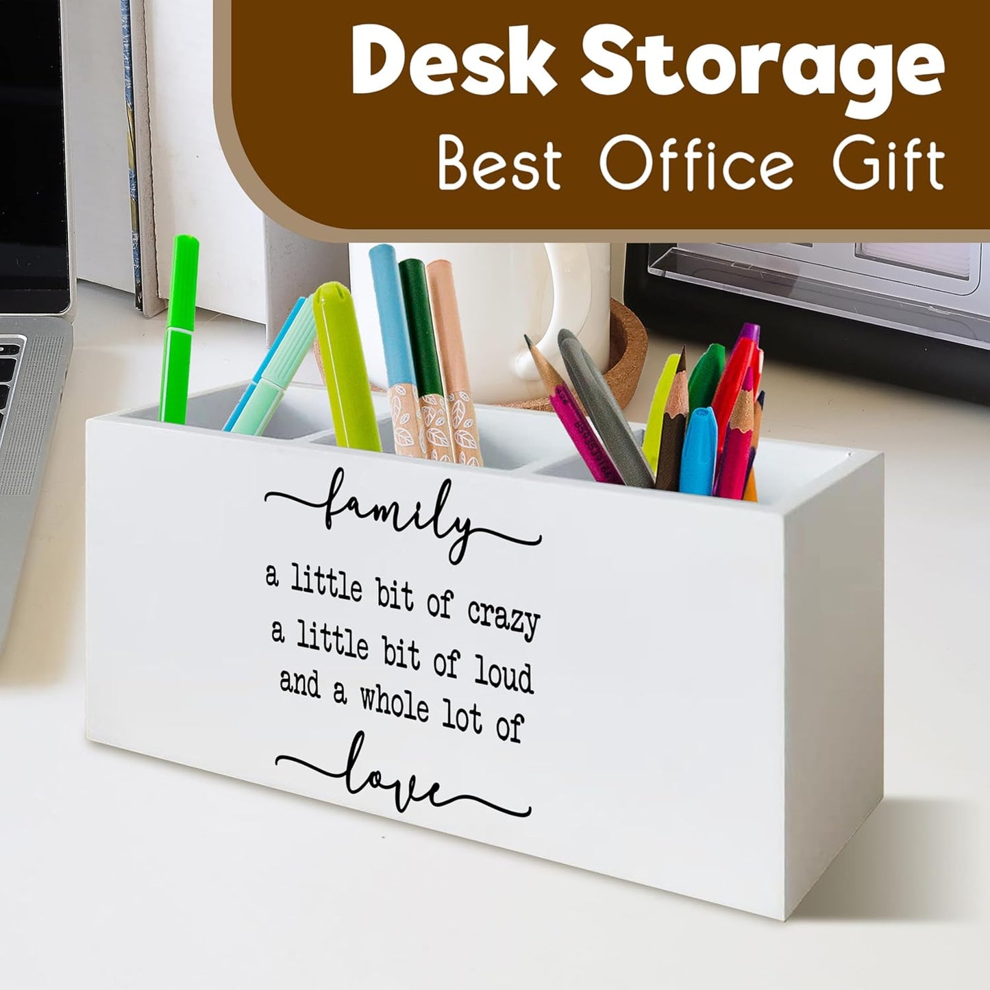 Family Signs Wooden Pen Holder for Home Decor Farmhouse Desk Shelf Decorations for Shelf Decorations, Family a Little Bit of Crazy Rustic Desk Decor for Home Office Table Pencil Holder