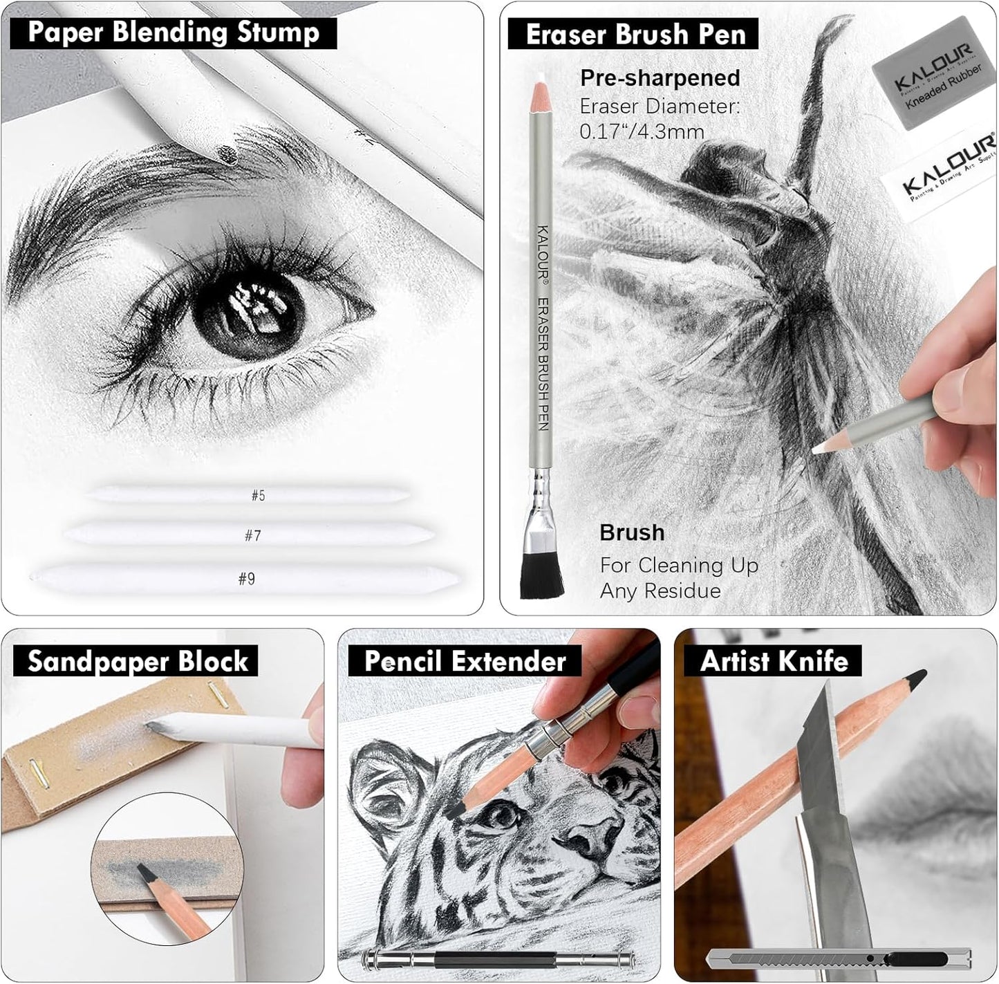 KALOUR PDAS 39pcs Drawing Pencil Set, Professional Sketch Pencils (5H-14B), Black and White Charcoal Pencils for Sketching, Eraser Brush Pen, Charcoal Sticks, Art Pencils Set for Artists & Beginners