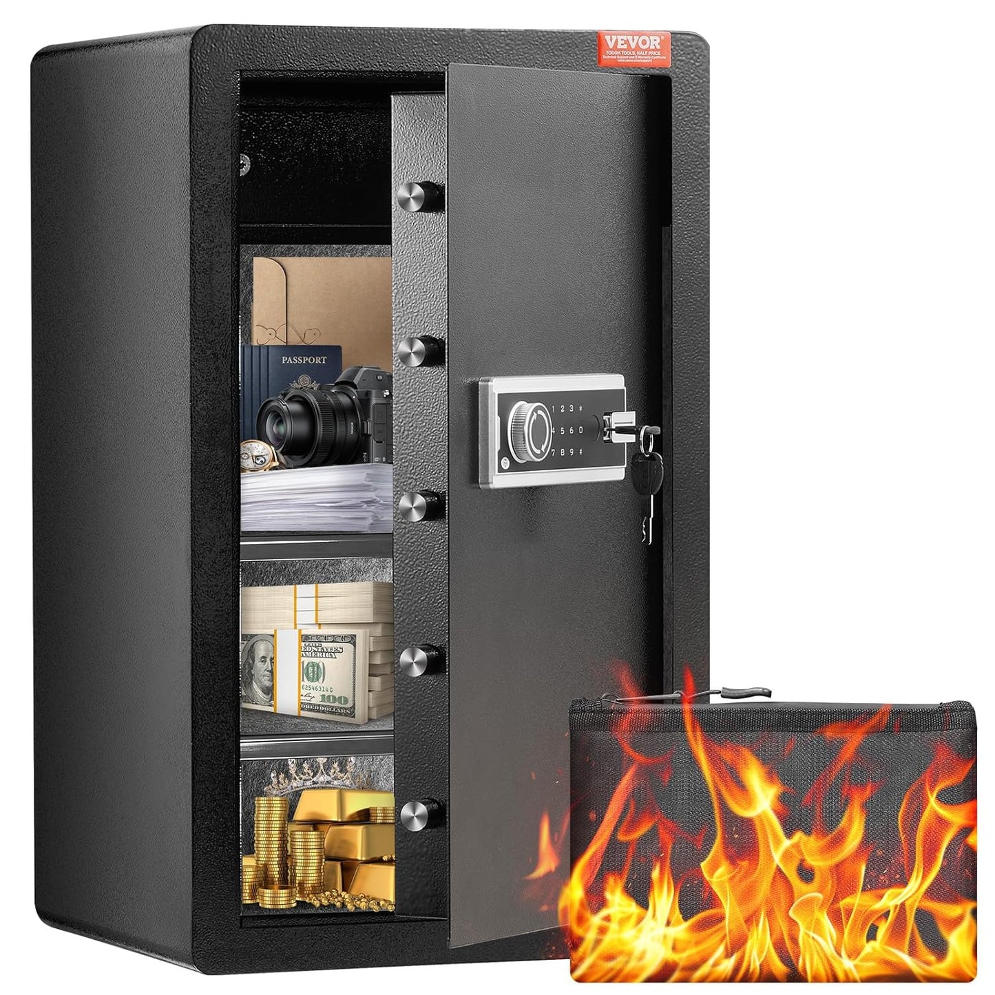 VEVOR Single Door 4.0 cu.ft Safe Box with Key Lock & Password, Safe Lock Box with Fireproof Bag, Key Rack, LED Light, 2 Shelves, and 1 Cabinet for Money, Documents, Jewelry, and Valuables, Black