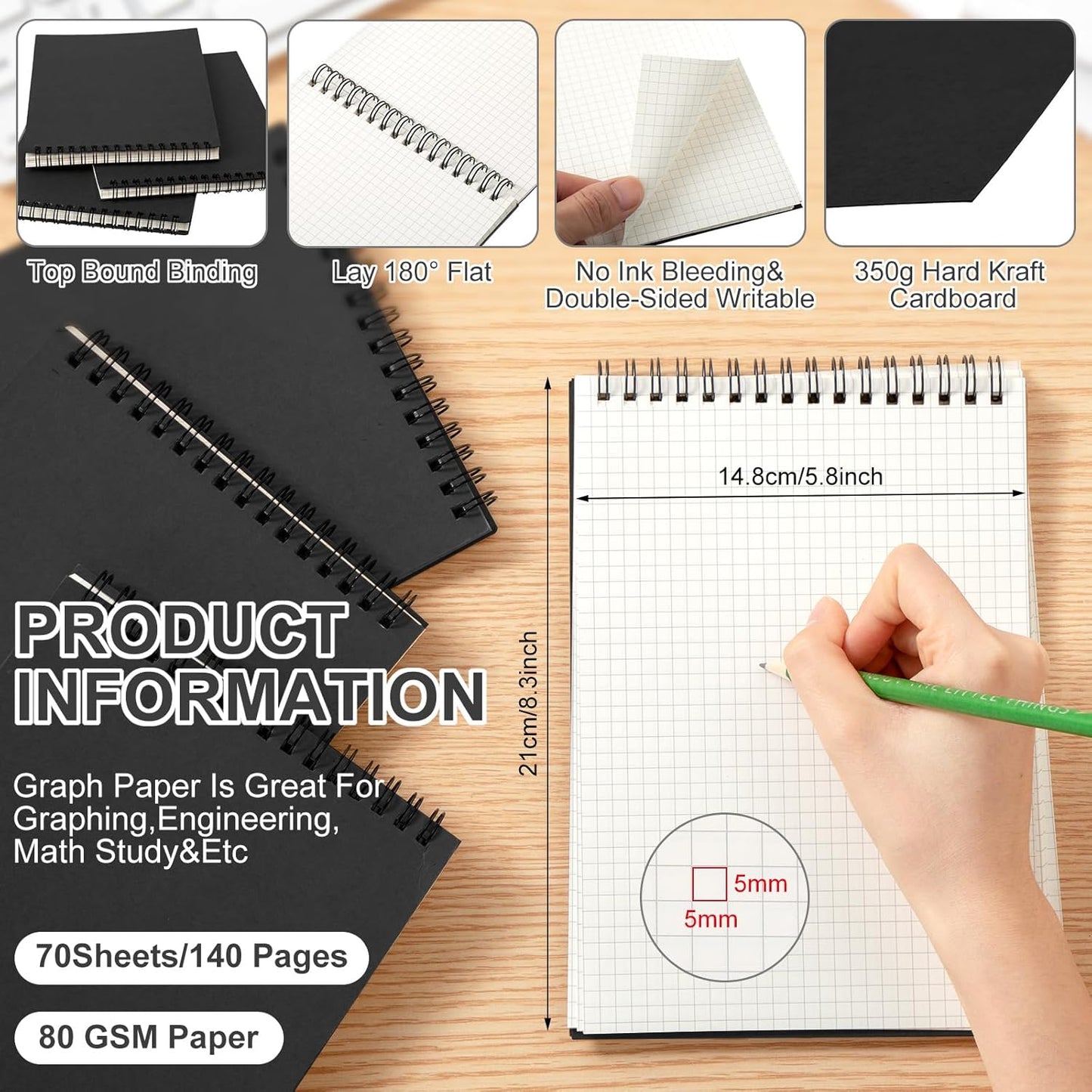 24 Pack Graph Paper Spiral Notepad A5 Top Wirebound Notepad Grid Notebook Steno Pads Memo Notebook Grid Paper 140 Pages for Writing Sketching Drawing Office Supplies (Black)