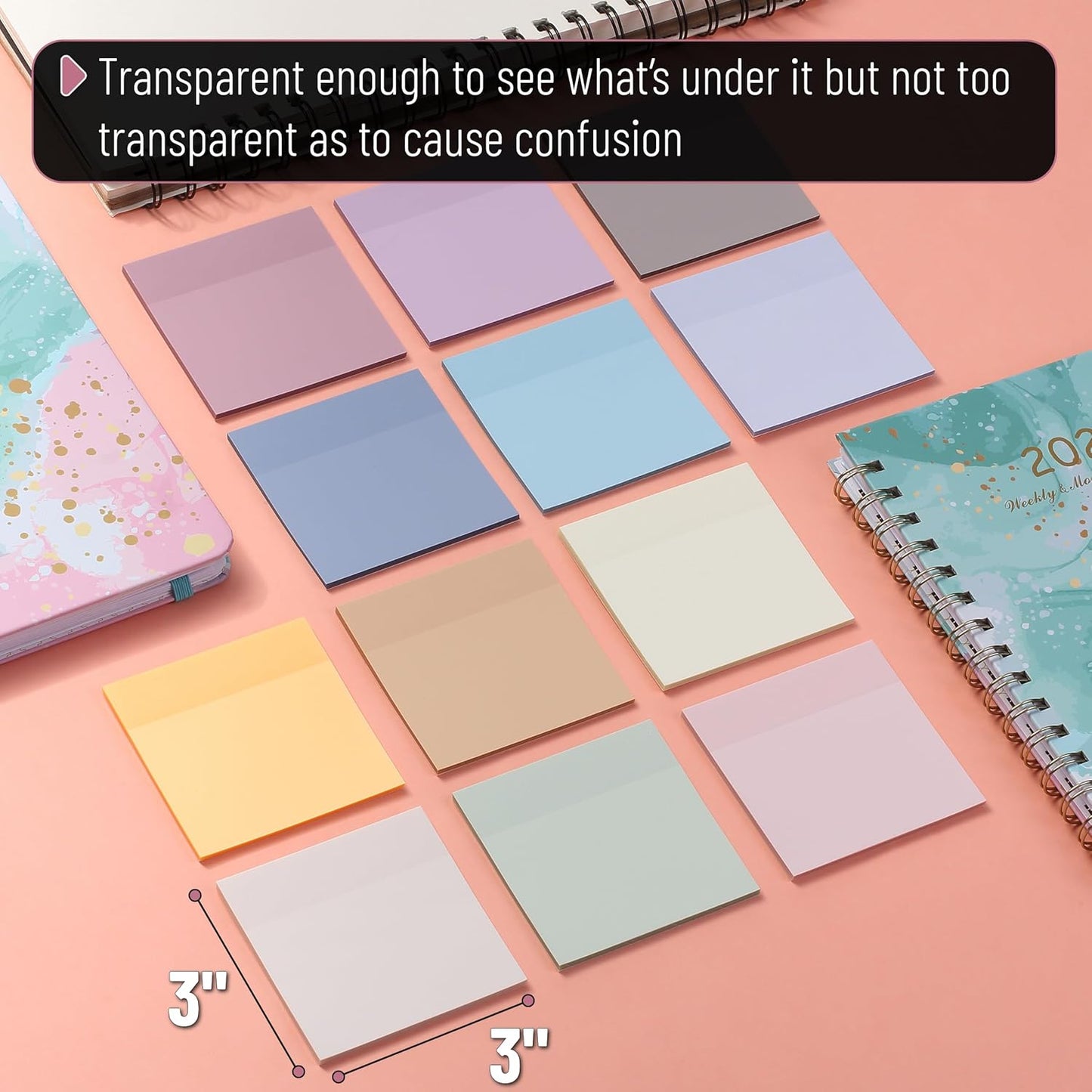 Mr. Pen- Transparent Sticky Notes, 3”x3”, Dreamy Pastel, 12 Pads, 600 Sheets, See Through Sticky Notes