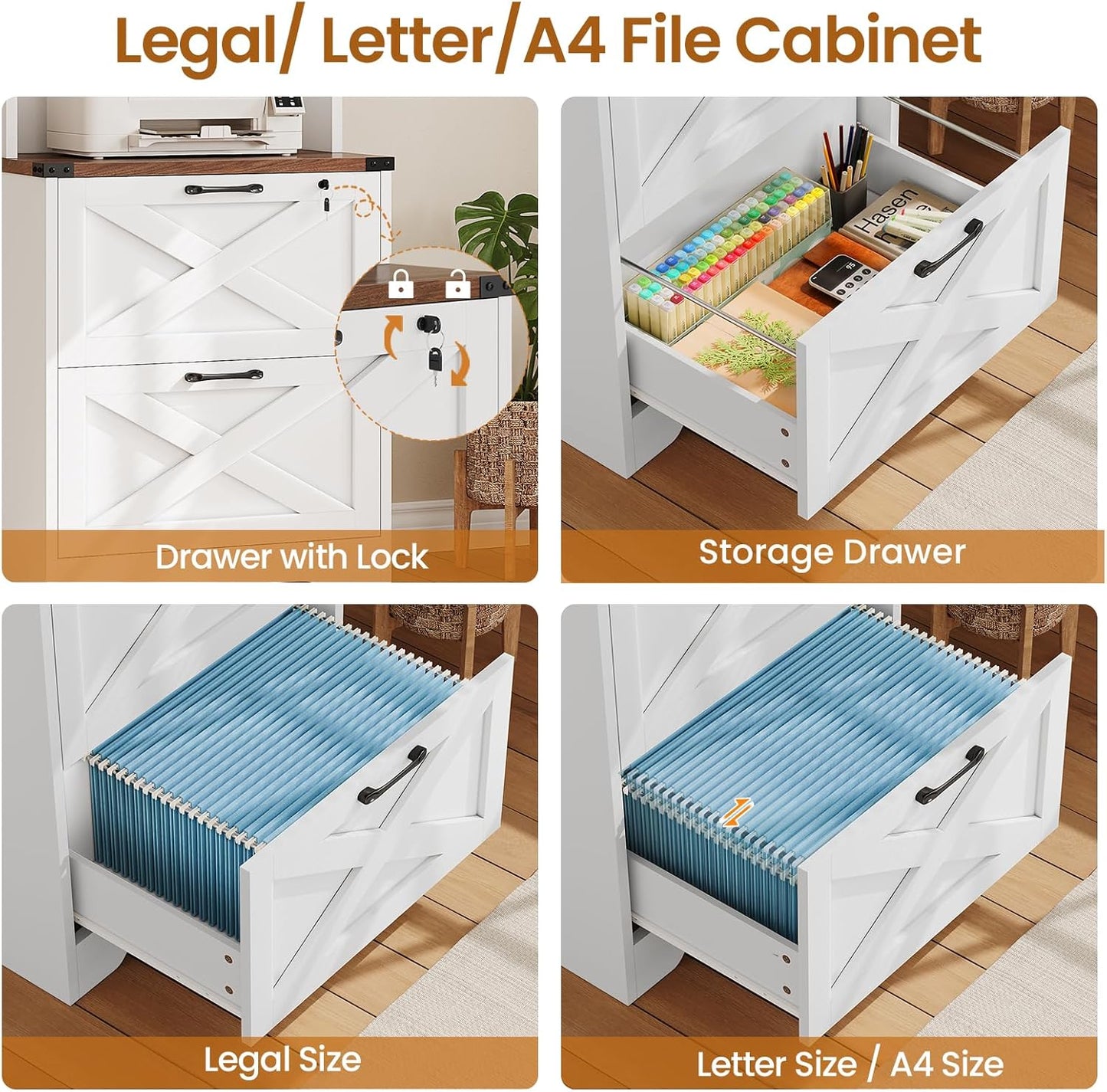 SEDETA 2 Drawer File Cabinet with Lock, Wood Filing Cabinet fits Letter, Legal, A4 Size, Hanging File Folders, Farmhouse File Cabinets for Home Office with Adjustable Storage Shelf, White