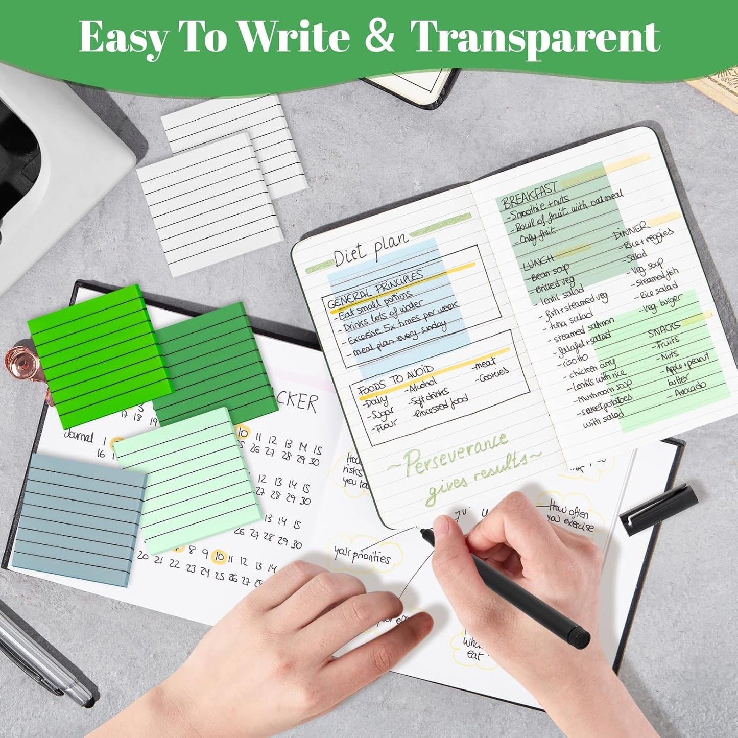 3x3 Inch Transparent Sticky Notes 300 Sheets, Clear Translucent Lined Self-Adhesive Memo Repositionable Reminder Pad for Office, College Students, Planners, Journals, School Supplies (Green)