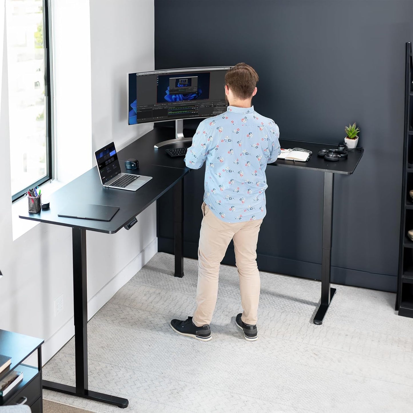 VIVO Electric Corner L-Shaped 84 x 63 in Standing Desk, Memory Height Adjustment, Black Top Black Frame, DESK-E3CTBB-84