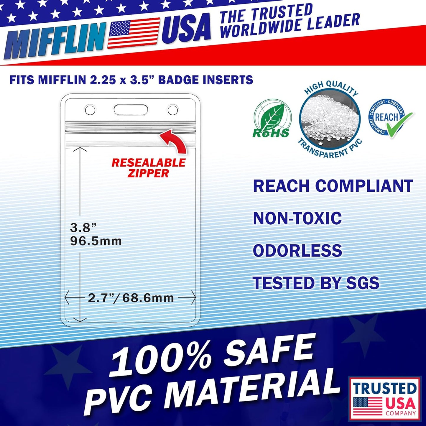 Mifflin-USA Plastic Waterproof ID Badge Holders (Clear, 2.25x3.5 Inch, 1000 Pack), Vertical Hanging Name Card Holder with Zipper, Resealable Bulk Nametag Holders