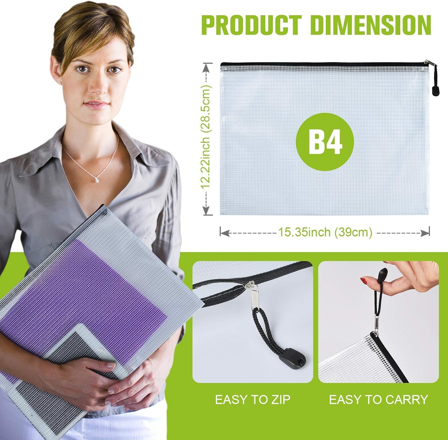 12 Pcs Plastic Mesh Zip File Bags, Waterproof Tear-Resistant Document File Folders, B4 Size Zipper Documents Pouch Document Organizer Bags for School Office Home Travel Storage(15.35×11.22Inch)