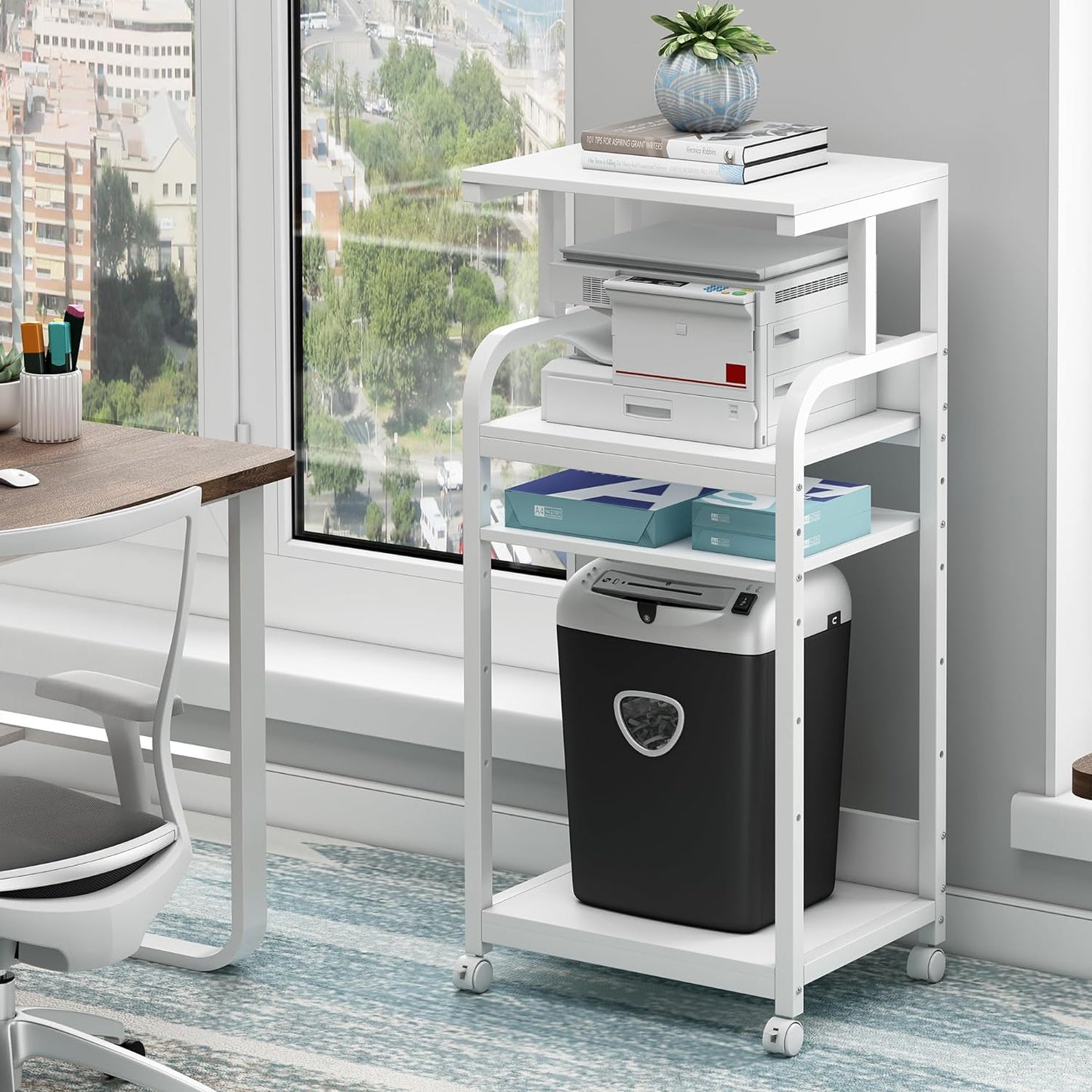 4 Tier White Printer Stand Table with Adjustable Shelves, Movable Printer Shredder Stand with Wheels for Home Office Storage and Organization, Rolling Cart for Computer Tower CPU
