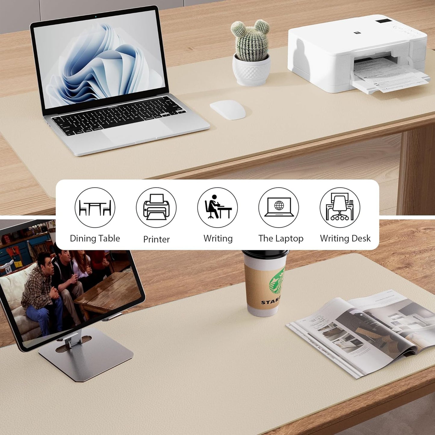 Aothia Leather Desk Pad Protector, Mouse Pad, Office Desk Mat, Non-Slip PU Leather Desk Blotter, Laptop Desk Pad, Waterproof Desk Writing Pad for Office and Home (Beige, 36" x 17")