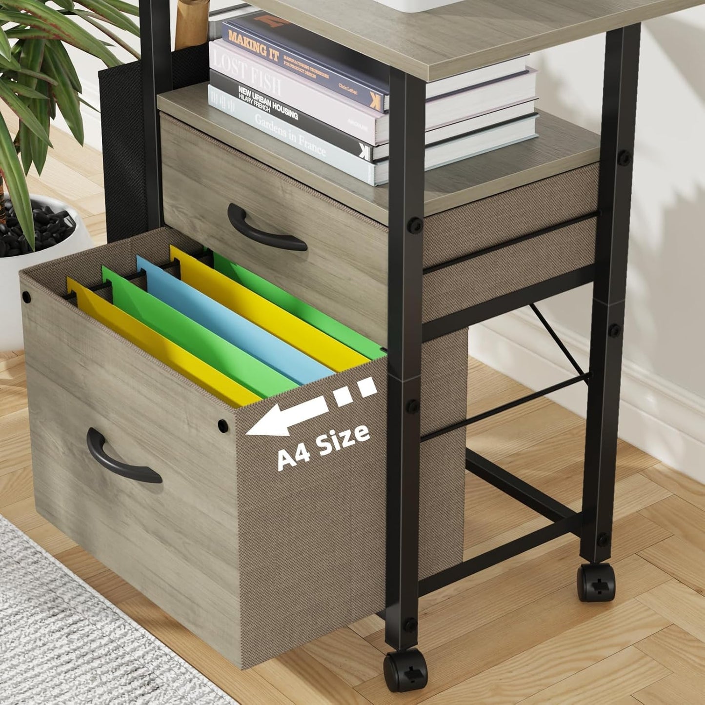 2 Drawer File Cabinet with 24'' Extended Desktop, Mobile Filing Cabinet, Rolling File Cabinet with Side Bag, Fabric Drawer, Fits A4 Size, Home Office, Oak Grey