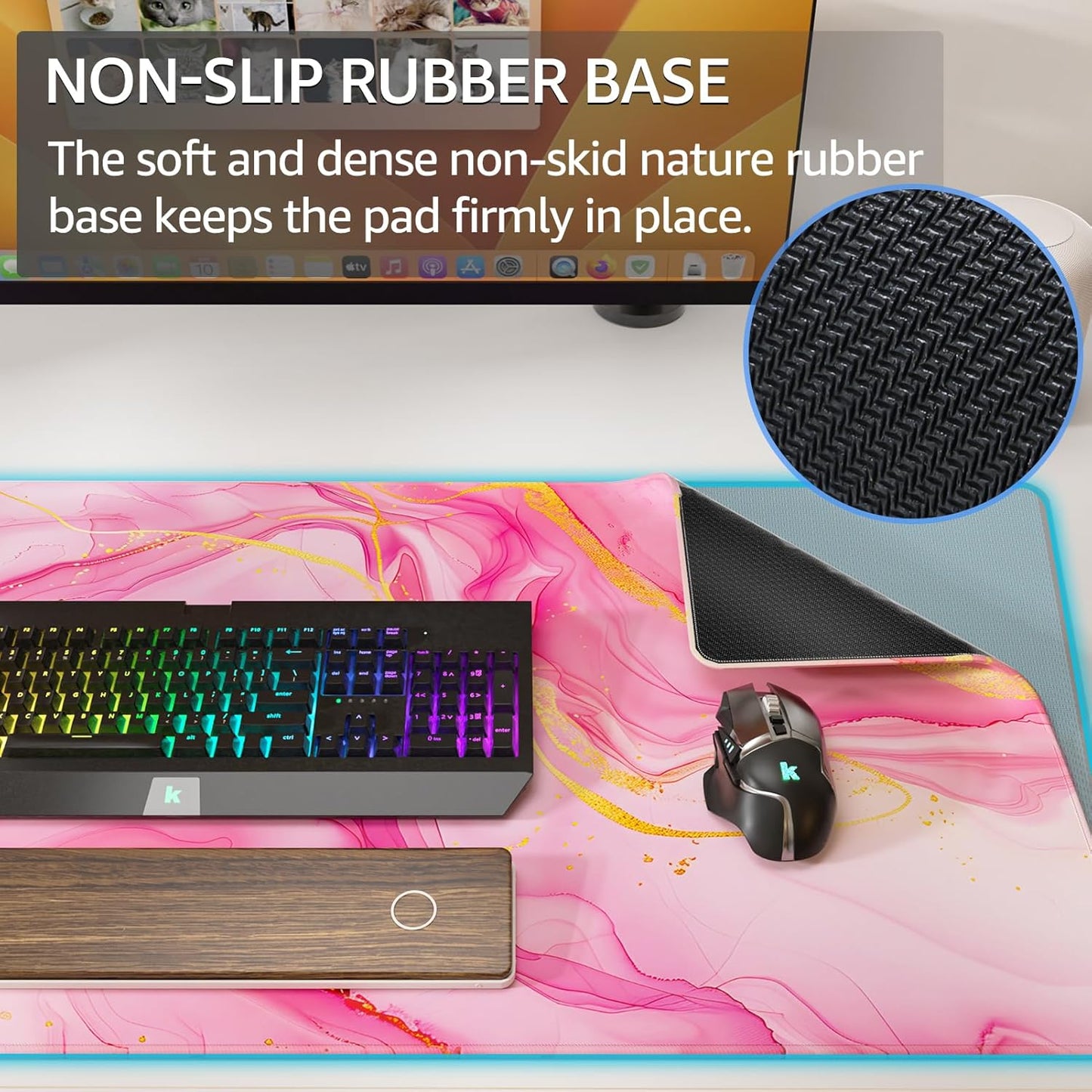 KTRIO Large Gaming Mouse Pad with Stitched Edges, Extended Mousepad with Superior Micro-Weave Cloth, Non-Slip Base, Water Resist Keyboard Pad for Gamer, Office & Home, 31.5x15.7in, Pink Marble