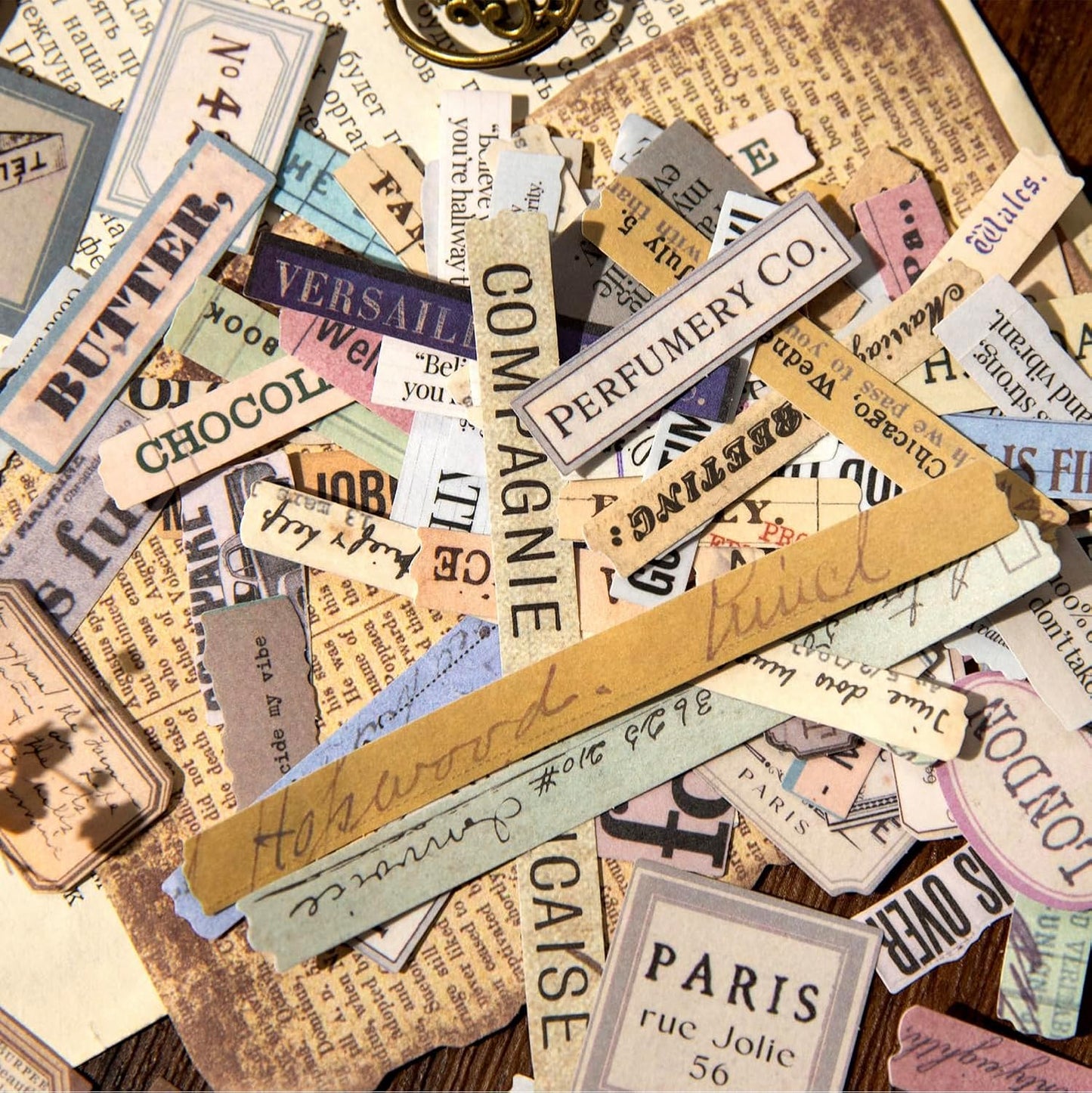 Vintage Fragmented Text Stickers, 400 PCS Washi Ephemera for Scrapbooking, Journaling, Crafting, DIY Projects, Diaries, and Art Supplies - 2 Iron Boxes Included