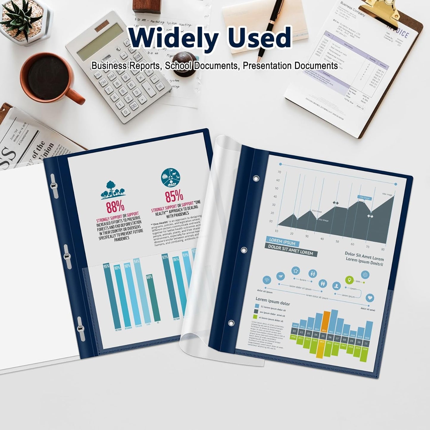 Ndsox 15 Packs Clear Front Report Covers with 3-Prong Fasteners Plastic Project Presentation Folders Resume Document Covers with Navy Blue Back for 8.5x11" Letter Size Paper for School Office Business
