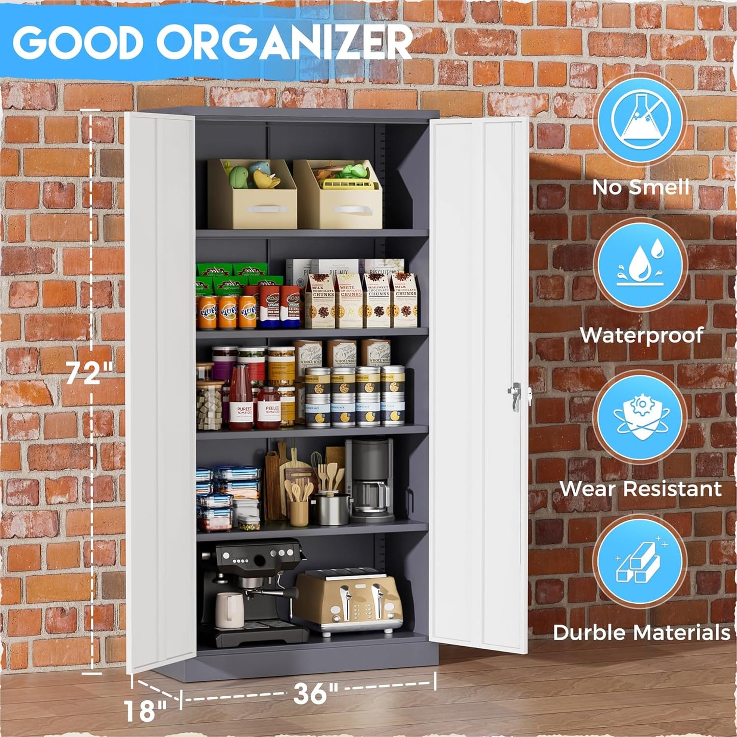 Greenvelly Metal Garage Storage Cabinet, Locking Steel Cabinet with 2 Doors and 4 Adjustable Shelves, Metal Tool Cabinets, Lockable File Cabinet for Home Office, Garage, School (Gray White)