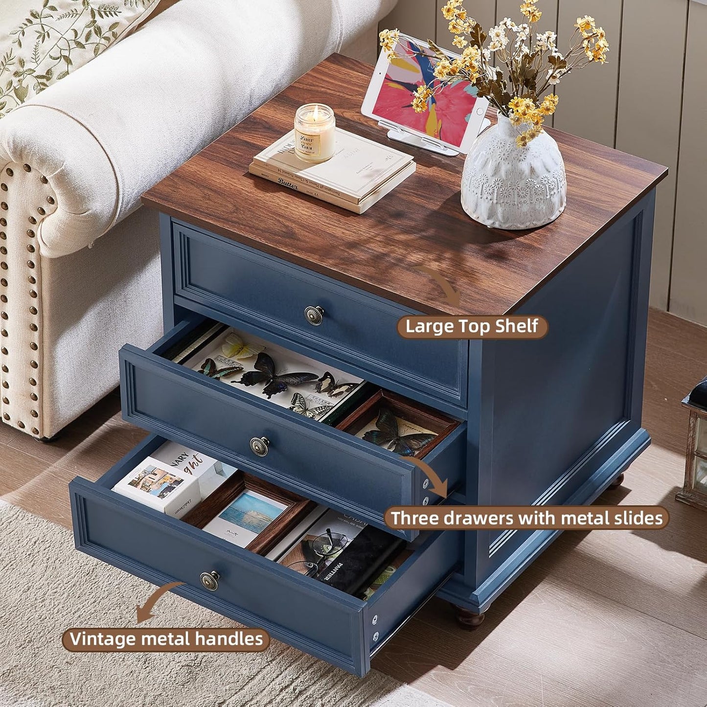 24" Wide Farmhouse Night Stand Set of 2,Large End Table with 3 Drawers & Metal Handle,Blue Wood Dresser for Bedroom Cabinet, Bed Side Table Chest of Drawers,Nightstand for Living Room,Closet