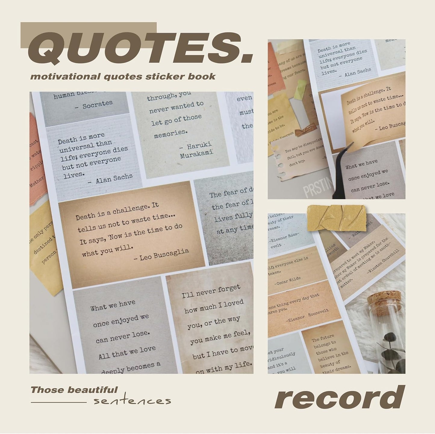24 Sheets Vintage Motivational Quote Stickers Pad wtih Tweezer,246 Pcs Inspirational Typewriter Font Quotes Pad,Word Stickers for Scrapbook Junk Journal Bullet Journal DIY Craft Card Making