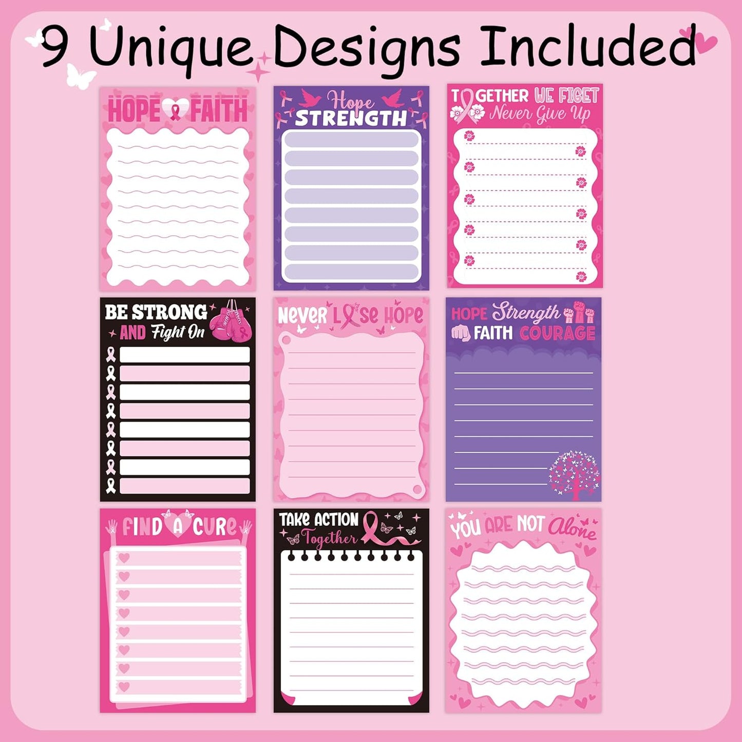 9 Pack Breast Cancer Awareness Sticky Notes Set, 450 Sheets Pink Self-Stick Notepads with Motivational Ribbon Designs, Inspirational Gifts for Women Supporters Fighters