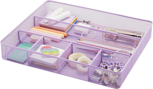 Annova Desk Top Organizer/Storage Tray - Metal Mesh with Dividers for Pens, Desktop Accessories, Bathroom, Kitchen, Makeup and Office Supplies (Large, Light Purple)