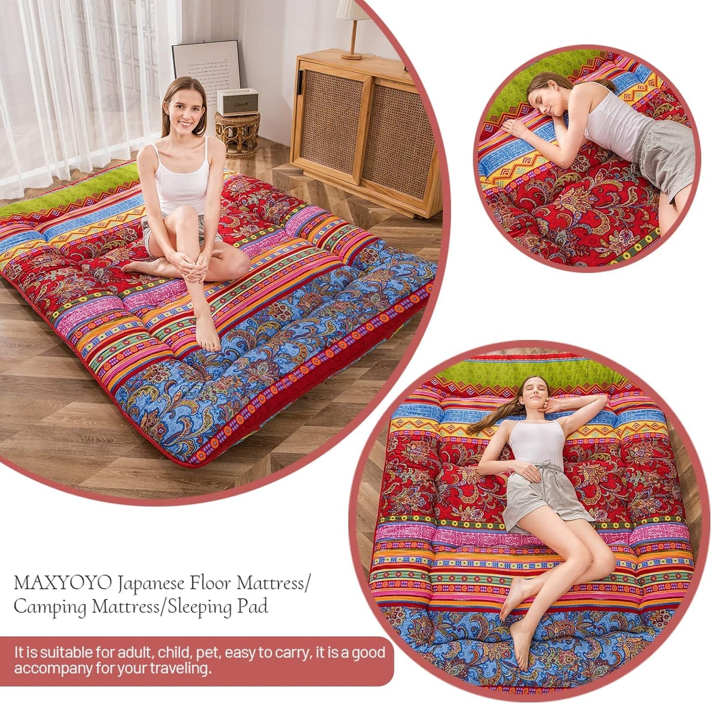 MAXYOYO Bohemian Retro Floor Mattress Vintage Floral Japanese Futon Mattress Roll Up Sleeping Bed King Portable Camping Mattress Floor Lounger Couch Bed Mattress Pad, King