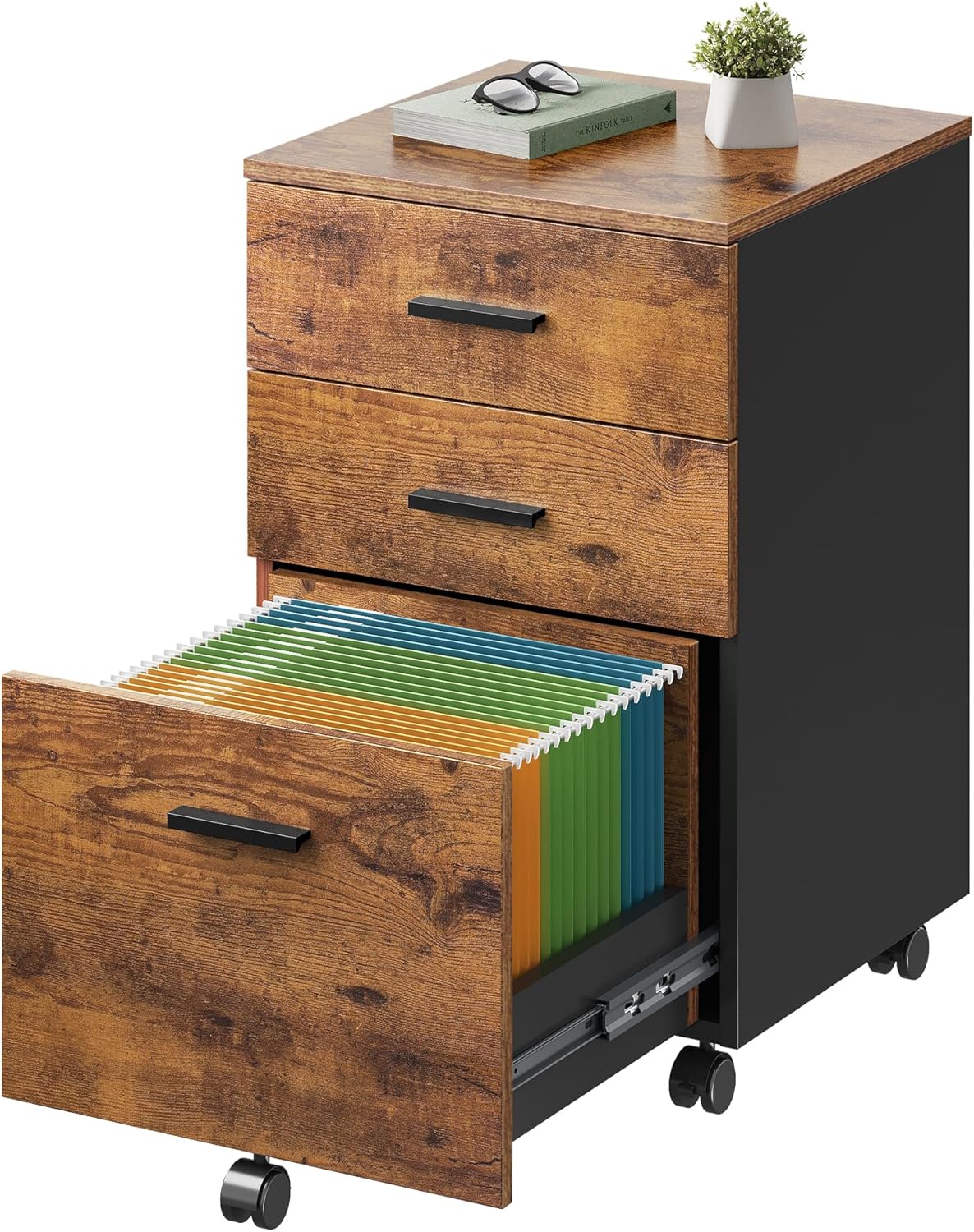 DEVAISE 3 Drawer Wood Mobile File Cabinet, Rolling Filing Cabinet for Letter/A4 Size, Rustic Brown