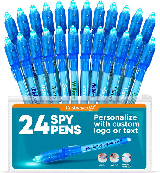 Personalized Invisible Disappearing Ink Pen Marker, Custom Secret Spy Message Writer with UV Light, Fun Activity Entertainment for Kid Party Favors Ideas Gifts and Stock Stuffers, 24 Pack, Blue