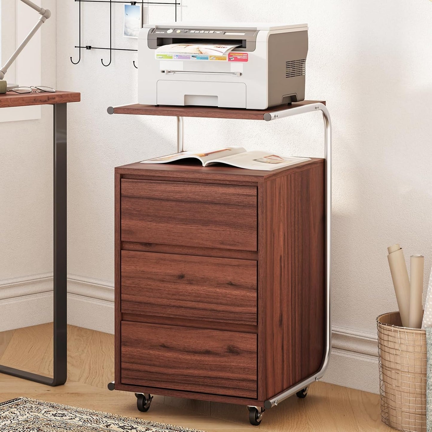 JOMEED 3 Drawer File Cabinet with Extended Desktop Lockable Wheels Under/Beside Desk Storage and Organizer Cabinet for Home Office, Small Rolling File Chest, Printer Stand, Modern Style, Walnut, Large