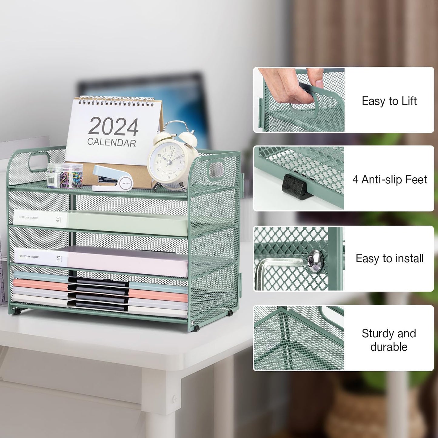 Green Mesh Letter Tray Paper Organizer with Handle - 4-Tier Desk Organizer for Office Supplies