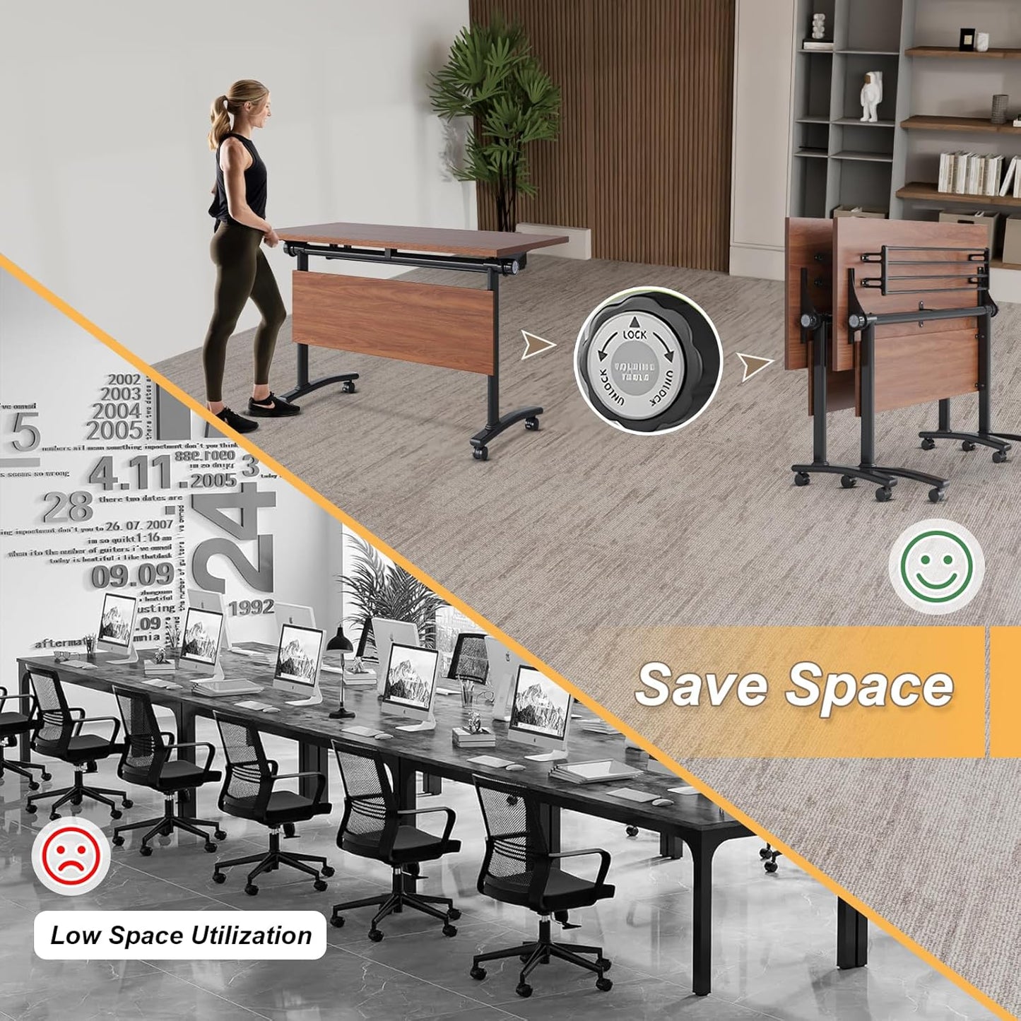 Conference Room Table with Silent Wheels, Mobile Folding Conference Table for 16 Person,Flip Top Office Training Tables with Walnuts Wood Tabletop, for School,Business Meeting Rooms (4 Pack 61in)