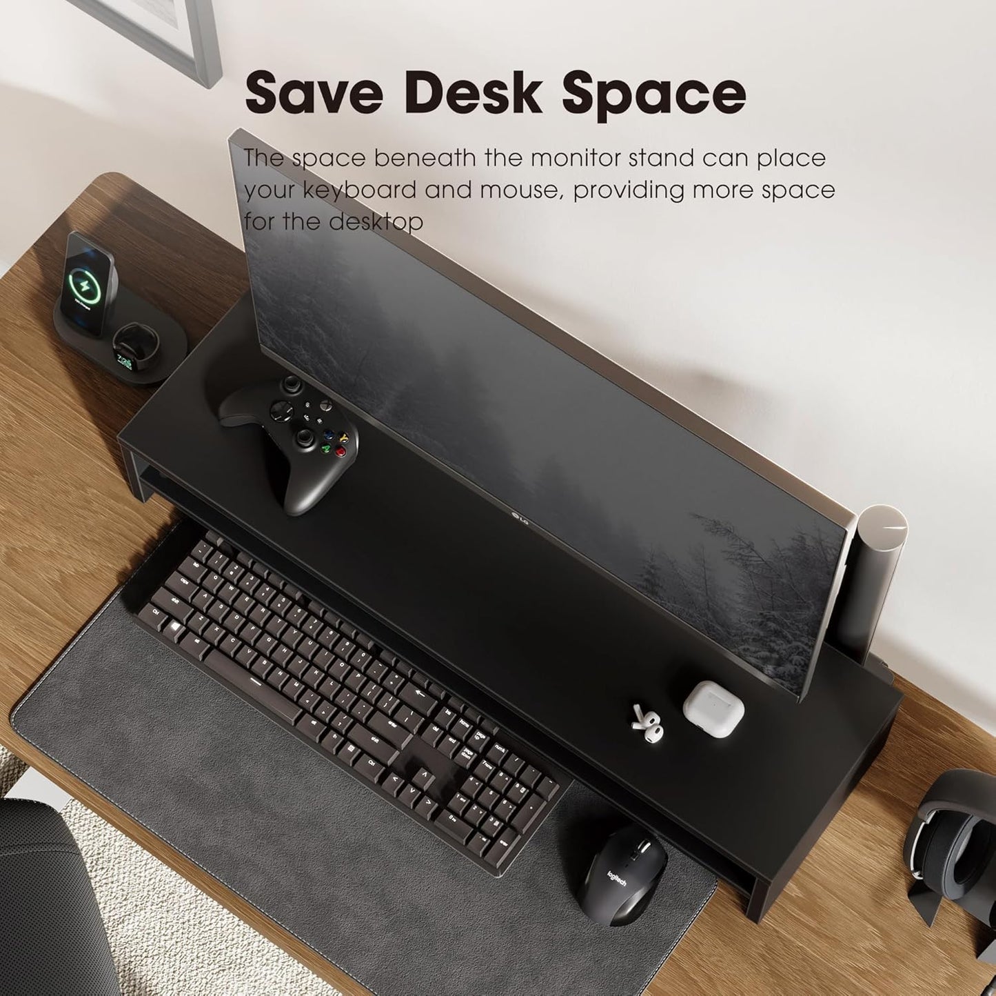 Fenge Monitor Stand, 31.5 Inch Computer Monitor Riser for Desk, 2 Tiers Wood Desk Shelf with Storage, Desktop Organizer for PC, Laptop, Screen, Printer