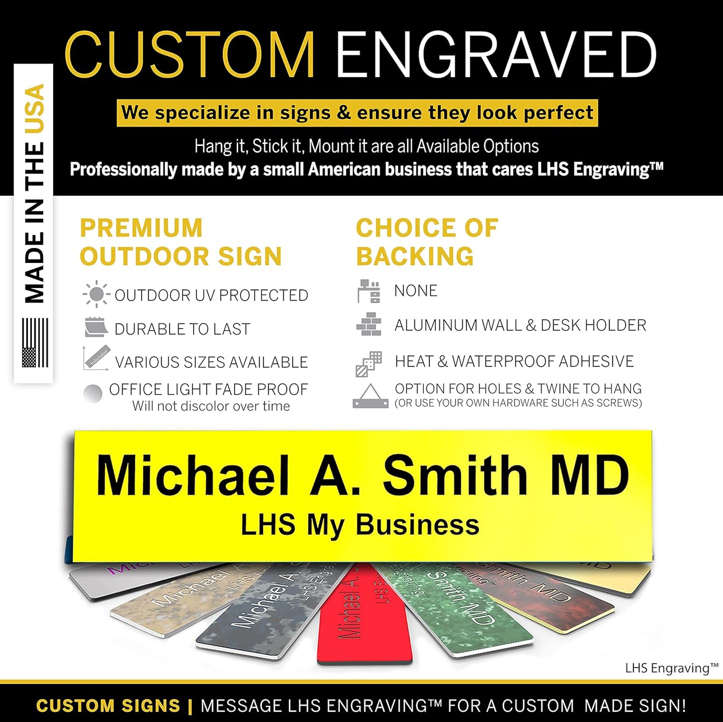 Door Name Plate Personalized for Office Yellow Plastic Name Plate Black Letters - Made in USA 2x8 B4