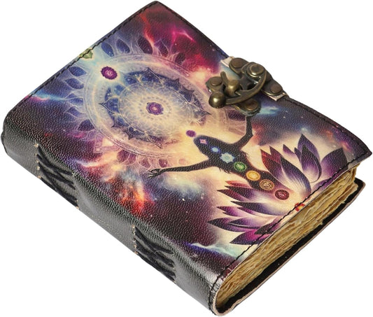 Blank Spell Book of Shadows Seven Chakra Leather Journal with Vintage Clasp Lock – 200 Page Antique Deckle Edge Leather Bound Notebook – For Writing, Drawing, Home, Office, Travelling