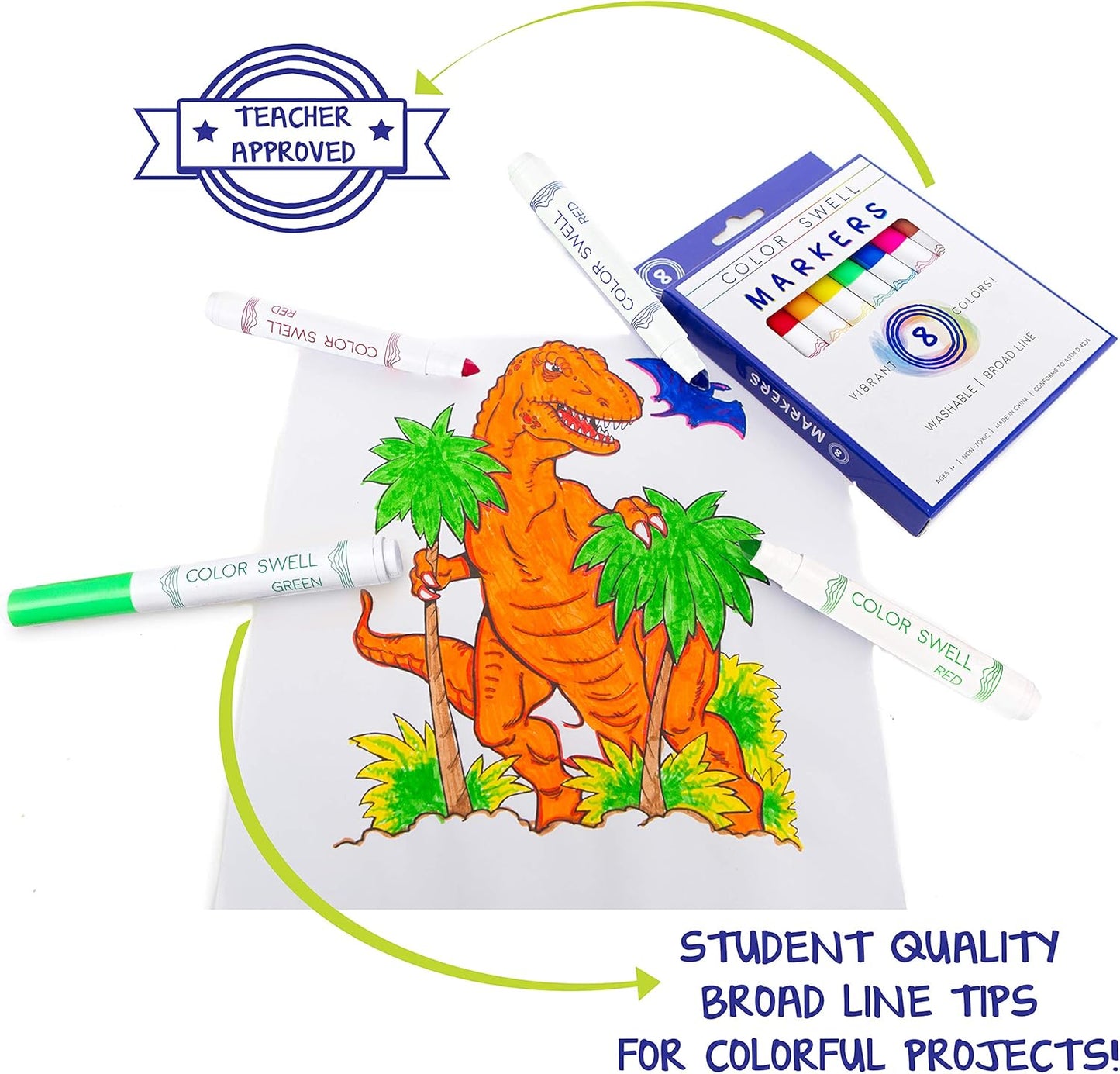 Color Swell Washable Markers 2 Pack of 8 Vibrant Colors Each for Teachers, Kids, Classrooms, Families, All Ages