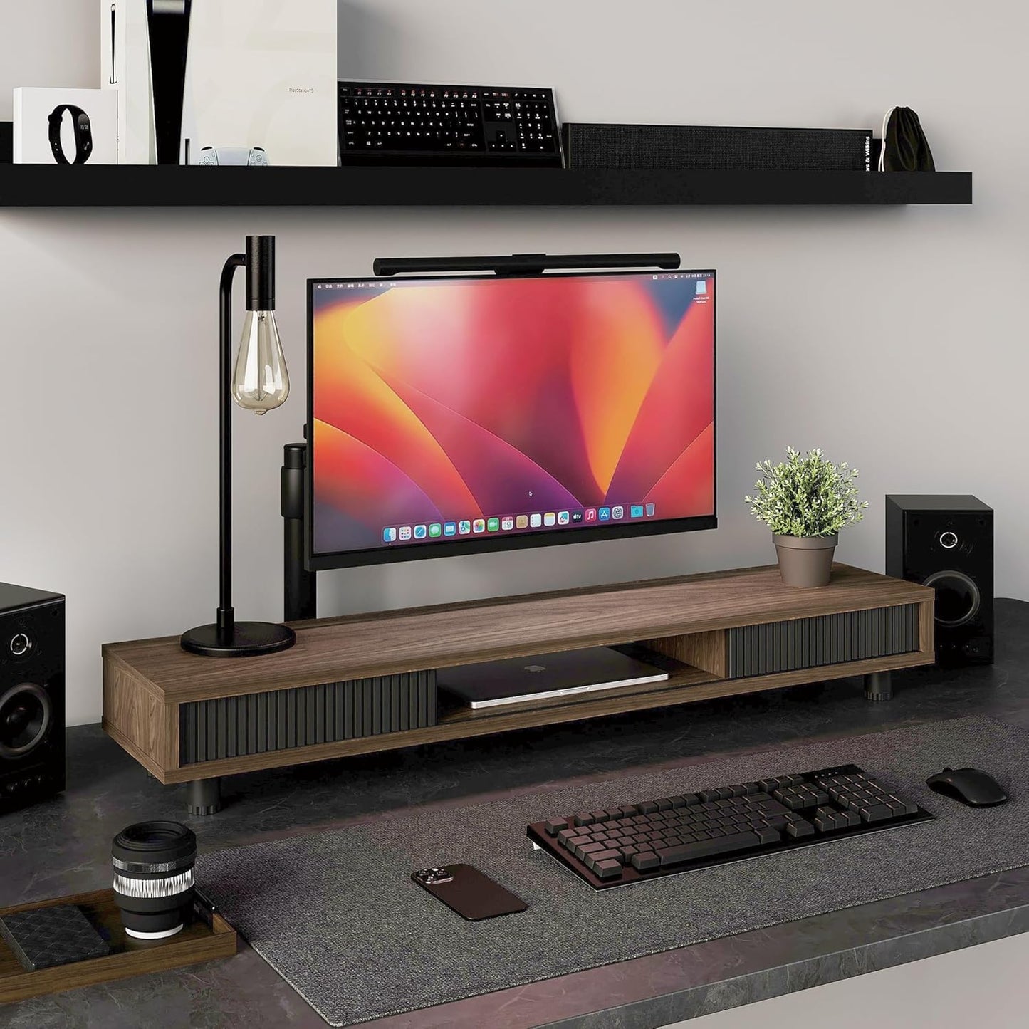 Fenge Dual Monitor Stand, 42.5inch Long Monitor Stands Riser for 2 Monitors, Sliding Door with Storage Organizer Stand for Desk, 2 Tier Desk Shelf for Laptop, Pc, Printer, Computer, TV