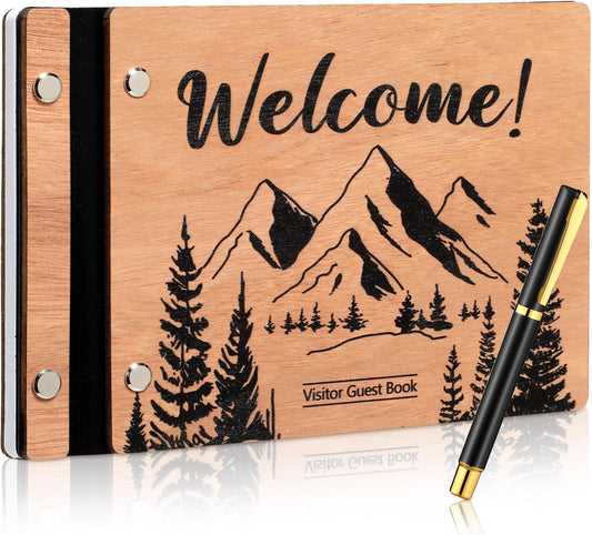 Visitor Wooden Guest Book with Pen 8 x 6 Inches 120 Pages Memory Scrapbook Rustic Signature Party Sign in Xmas Gift for Couple Guests Book