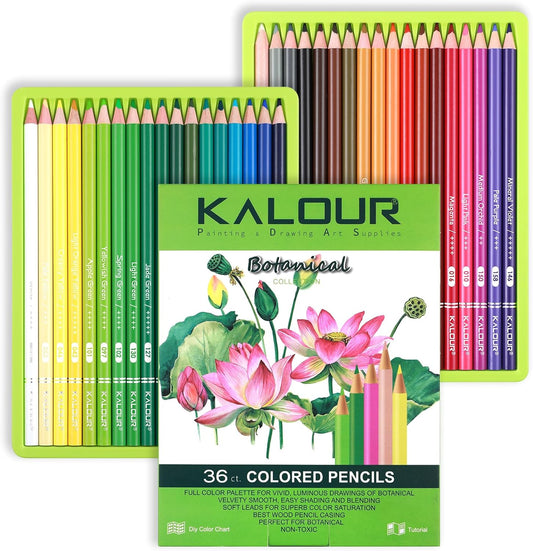KALOUR PDAS 36-piece Green Botanical Colored Pencil Set, Pre-sharpened Wooden Colored Pencils for Adults Artists Beginners Coloring Books Drawing & Sketching
