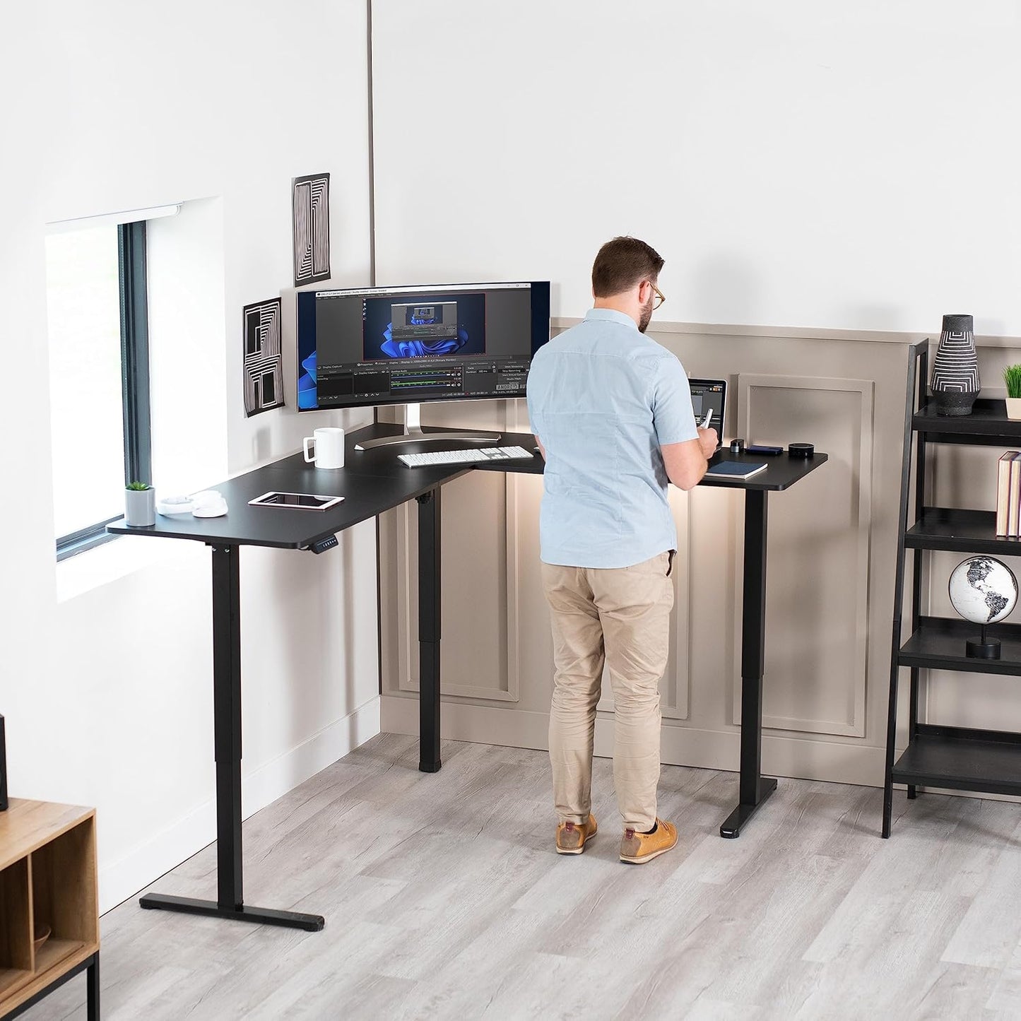 VIVO Electric Corner L-Shaped 75 x 63 in Standing Desk, Memory Height Adjustment, Black Top Black Frame, DESK-E3CTB-75