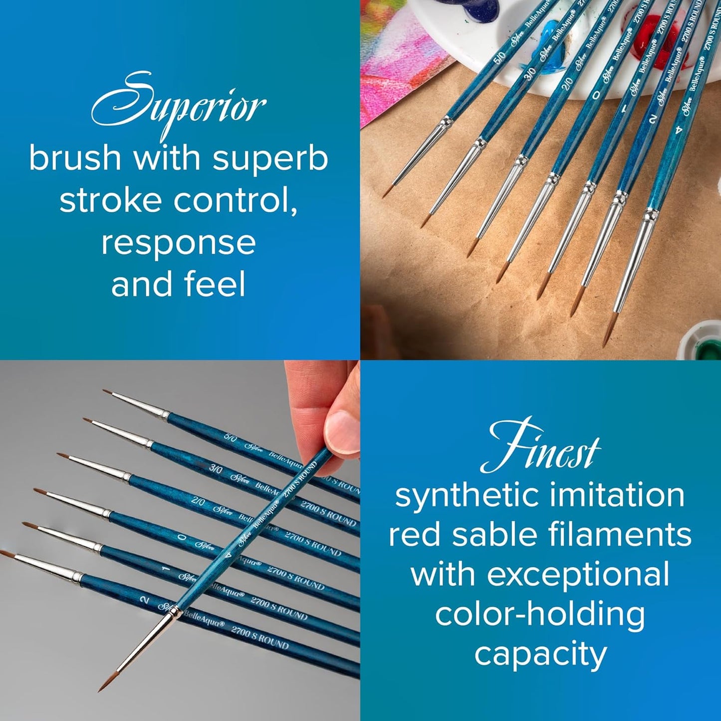 Silver Brush Limited BA-2754S BelleAqua Bright Brushes, 3pc Watercolor Brush Set Also for Acrylic, Gouache, Ink & Dye, Professional Soft Synthetic Red Sable Paintbrushes, Short Handle, Sizes 2, 4 & 6