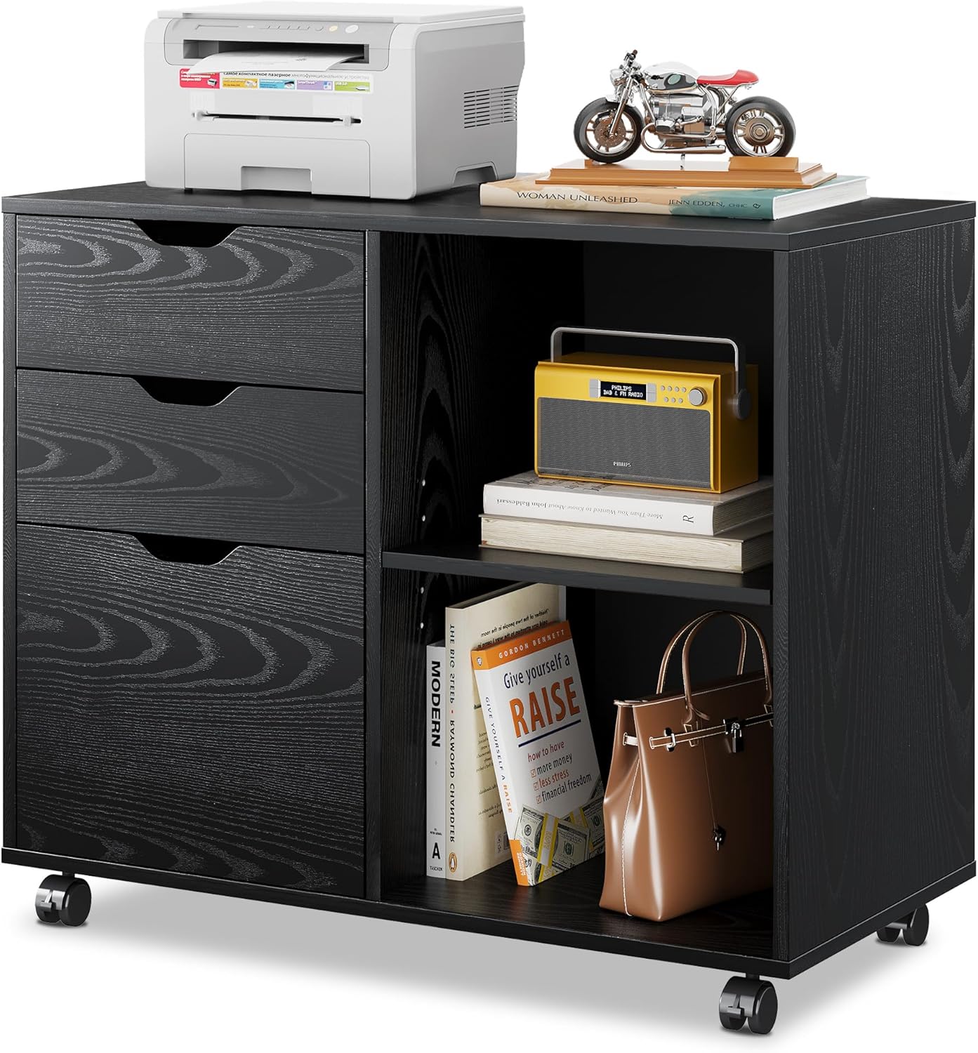 DEVAISE 3-Drawer Wood File Cabinet, Mobile Lateral Filing Cabinet, Printer Stand with Open Storage Shelves for Home Office, Black