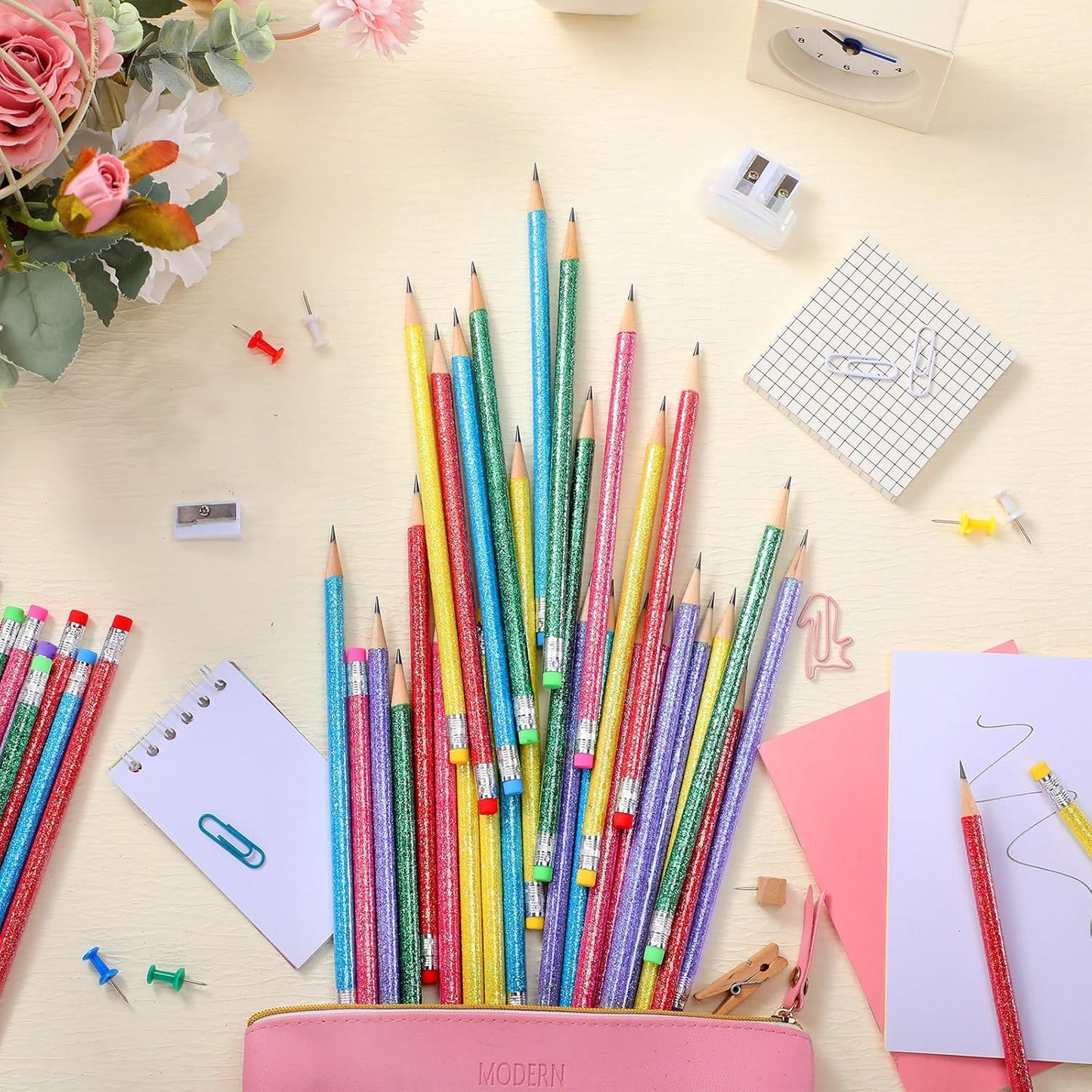 TecUnite 60 Pcs HB Pencils #2 Unsharpened Wood Cased Pencils with Eraser Hexagonal Pencil Cute Graphite No 2 Pen for Adults Gifts Exam School Office Sketching Learning (Glitter Color, Silver)