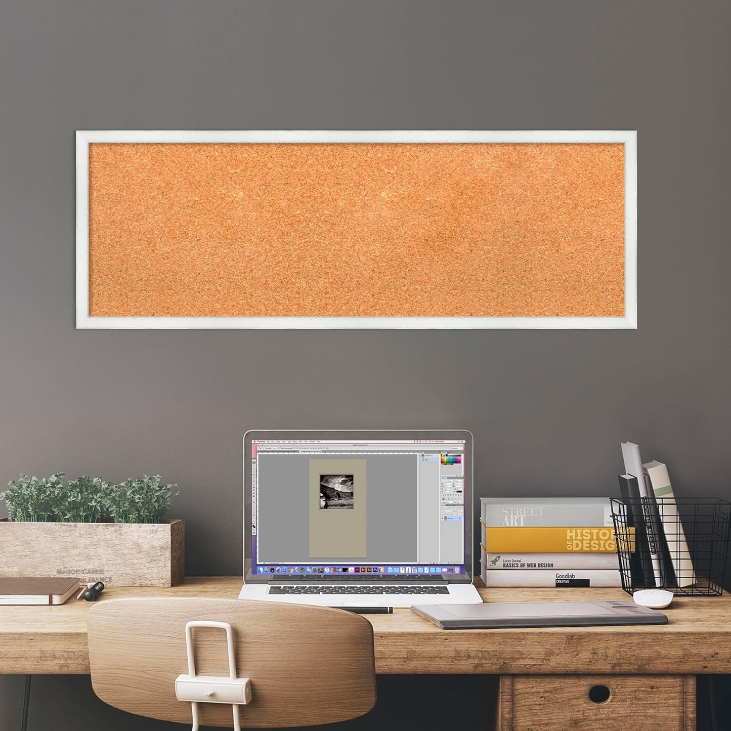 Amanti Art Natural Cork Board for Wall, 13x37 Vision Board with White Frame, Medium Corkboard Office Decor for Home Organization, Country Rustic Corkboard Pinboard to Display Items for Home