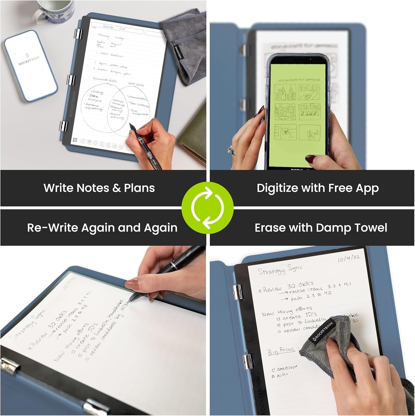 Rocketbook Pro 2.0 Reusable Professional Smart Notebook, Executive Size 7x9, Steel Blue - Lined & Dot Grid Pages, App-Connected, Erasable, Premium Cover, Ideal for Work Notes and Business Meetings