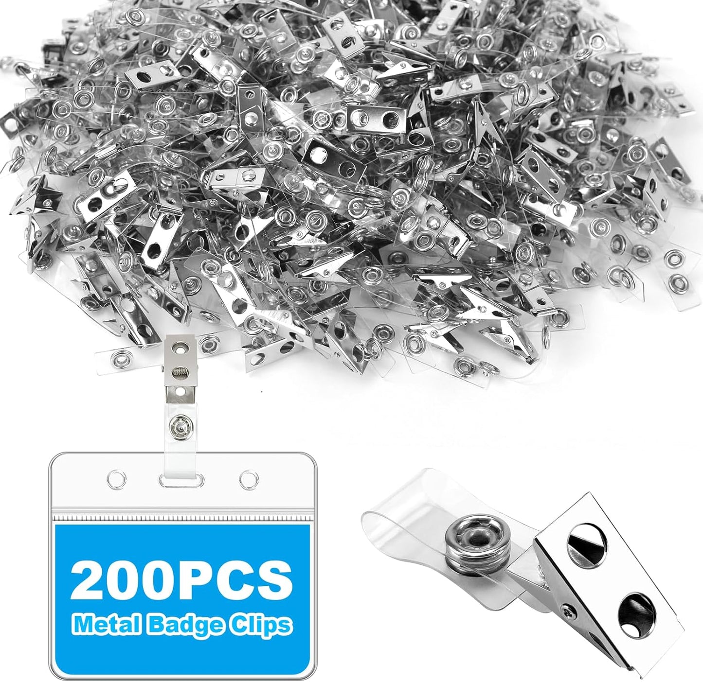 200pc ID Badge Clip,Badge Clips with Strap Clear Strap,Metal Name Badge Clips Adapter for ID Cards, Badge Holders, Name Tags, Work Badges