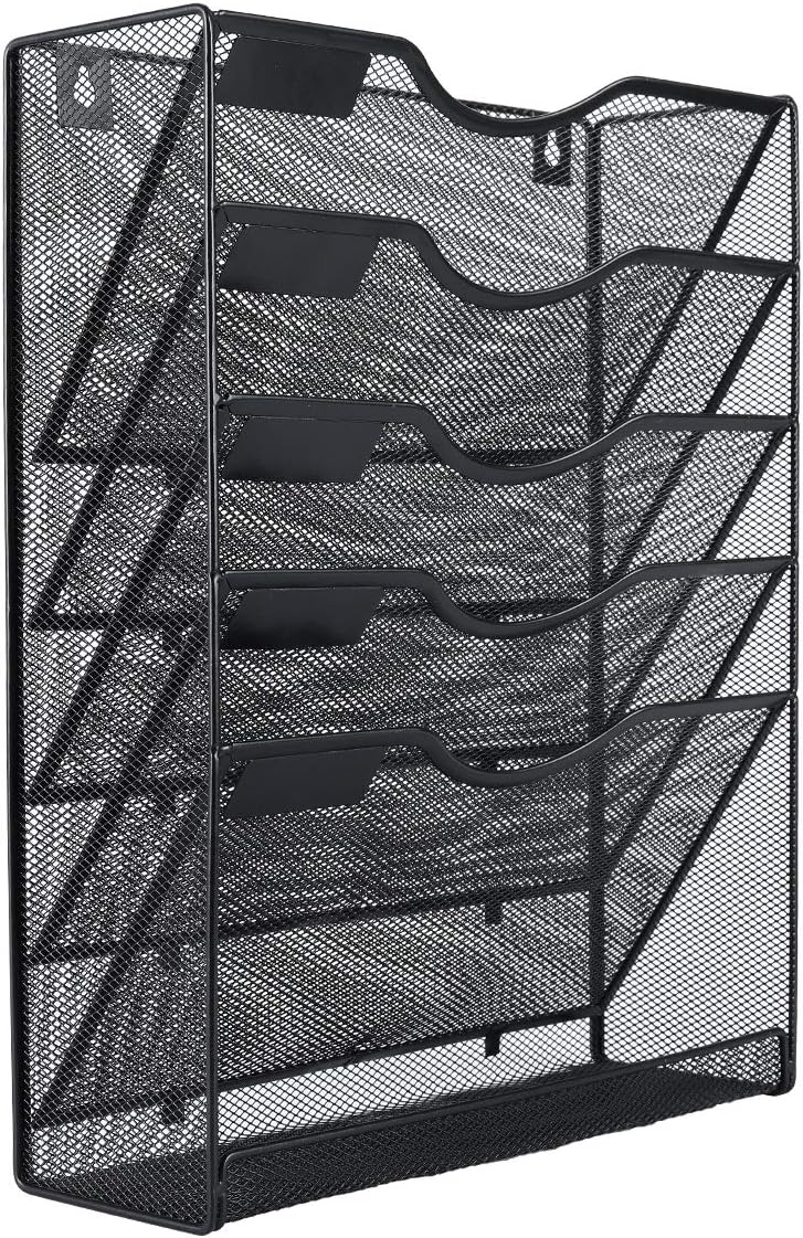 EasyPAG 5-Tier Wall File Holder, Mesh Hanging Folder Organizer with Classify Label, Versatile Desk File Organizer for Office Home, Space-Saving Vertical Wall Mounted Mail Paper Sorter, Black