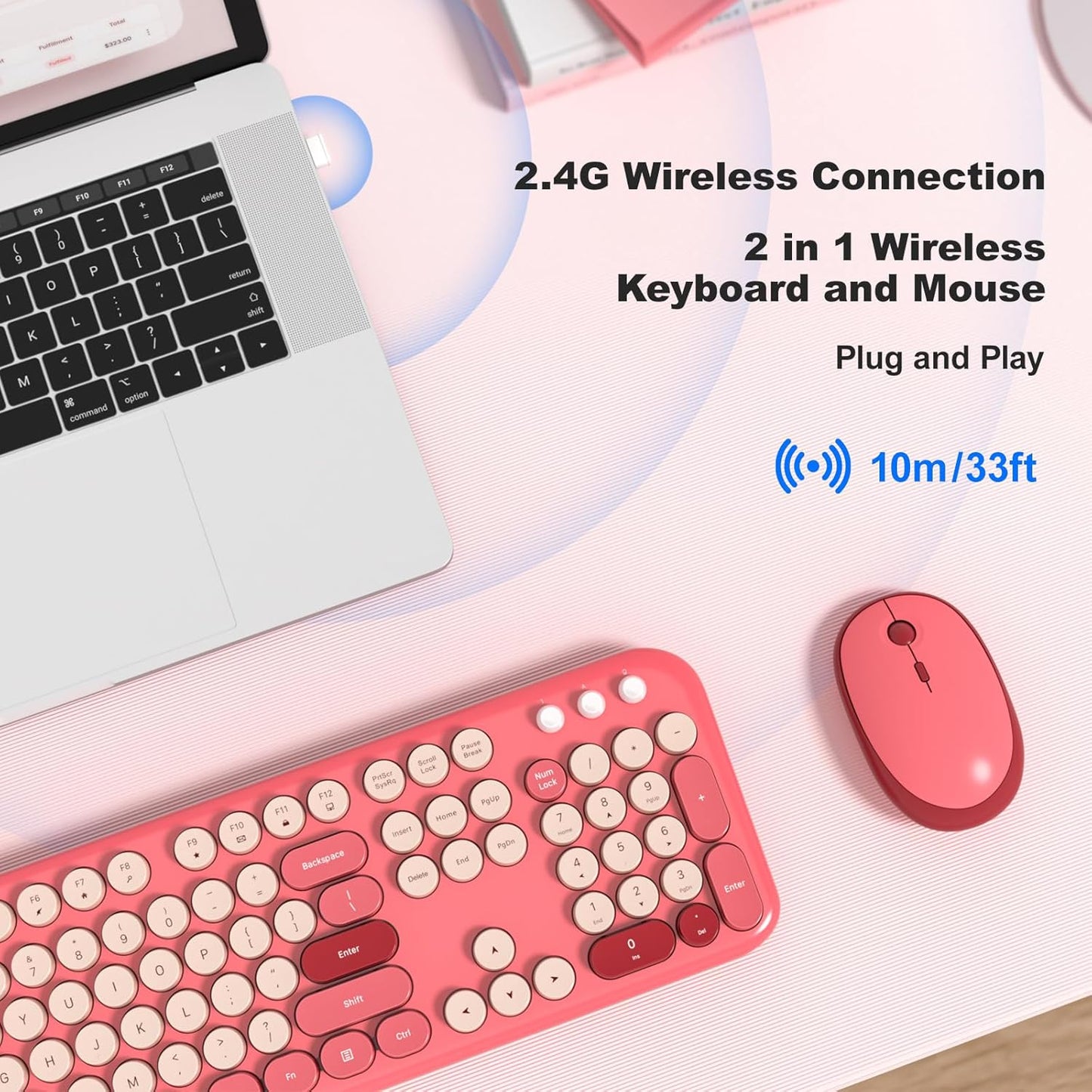 Wireless Keyboard and Mouse Combo, MOWUX Full Size Typewriter Retro Round Computer Keyboard, Cute Optical Mouse Wireless, Plug and Play, for Laptop, PC, Computer- Valentine's Rose