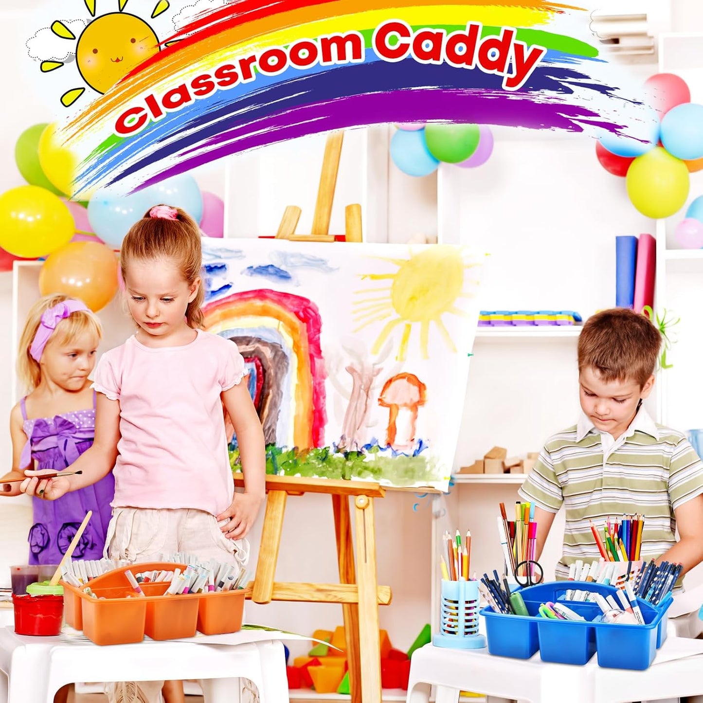 ALINK Plastic Classroom Caddy with 6 Compartments, 6-Pack Teacher Supply Storage Caddy Organizer for Classroom Supply, Office, Table, Desk, Craft Art, Pencil, Crayon, Marker - Assorted Colors