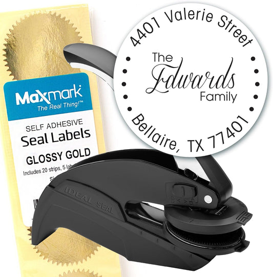 Custom Monogram Address Embosser - Personalized Round Seal with 50 Gold Seal Labels - Style EM021