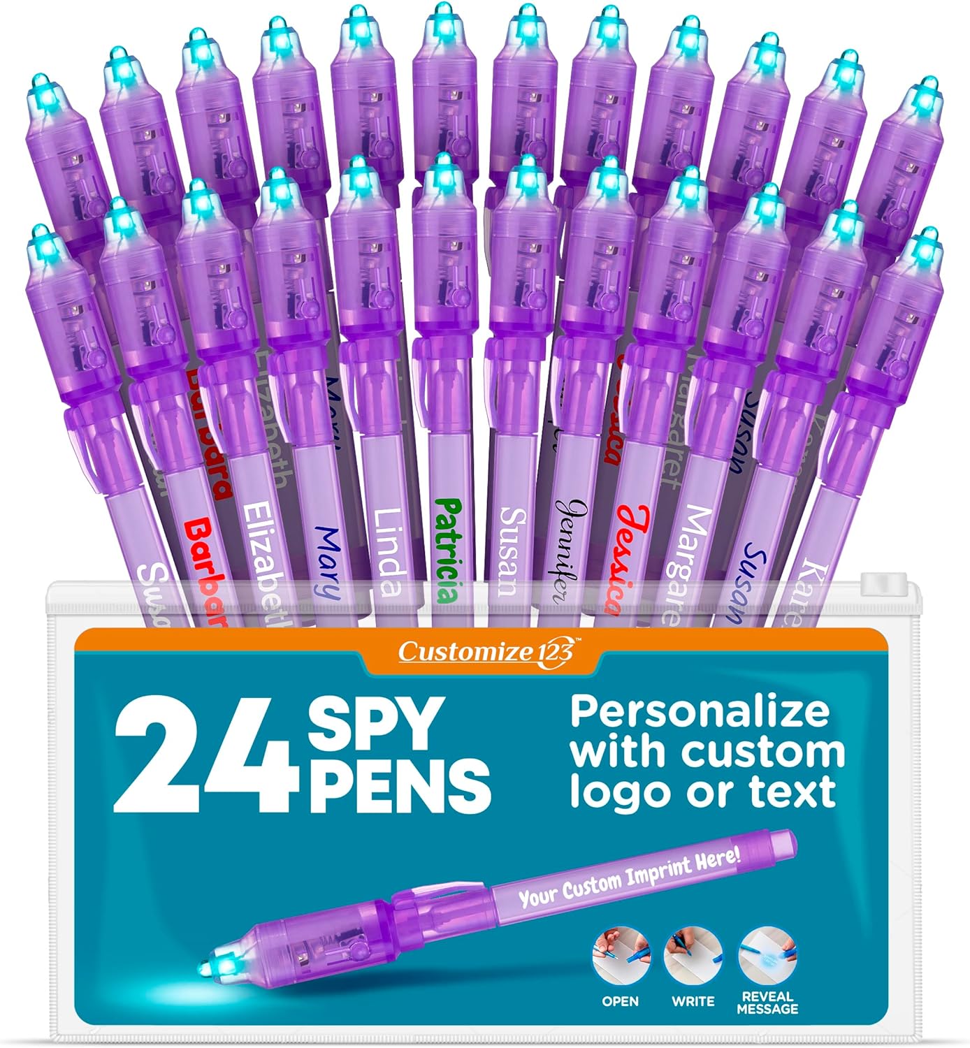 Personalized Invisible Disappearing Ink Pen Marker, Custom Secret Spy Message Writer with UV Light, Fun Activity for Kids Party Favors Gifts and Stock Stuffers, 24 Pack, Purple