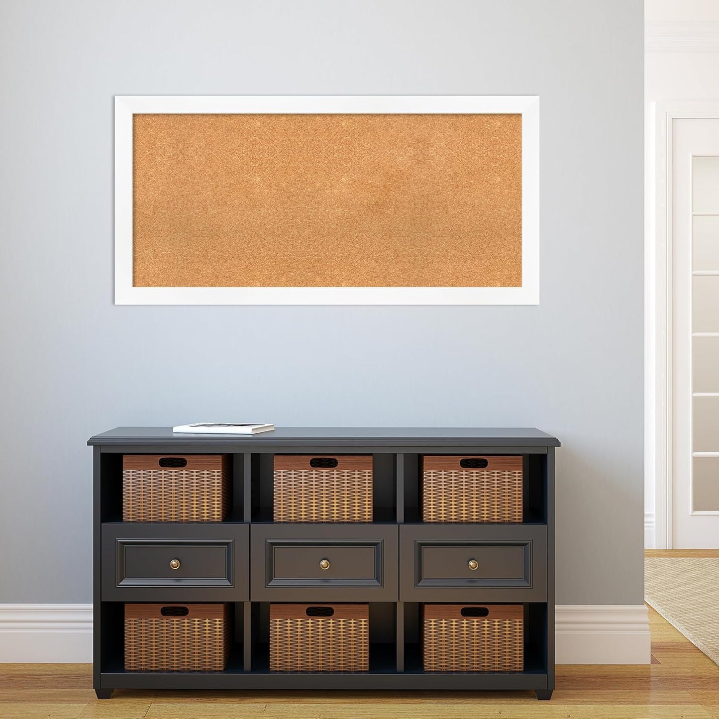 Amanti Art Natural Cork Board for Wall, 23x47 Vision Board with White Frame, Oversize Corkboard Office Decor for Home Organization, Modern Corkboard Pinboard to Display Items for Home Organization in