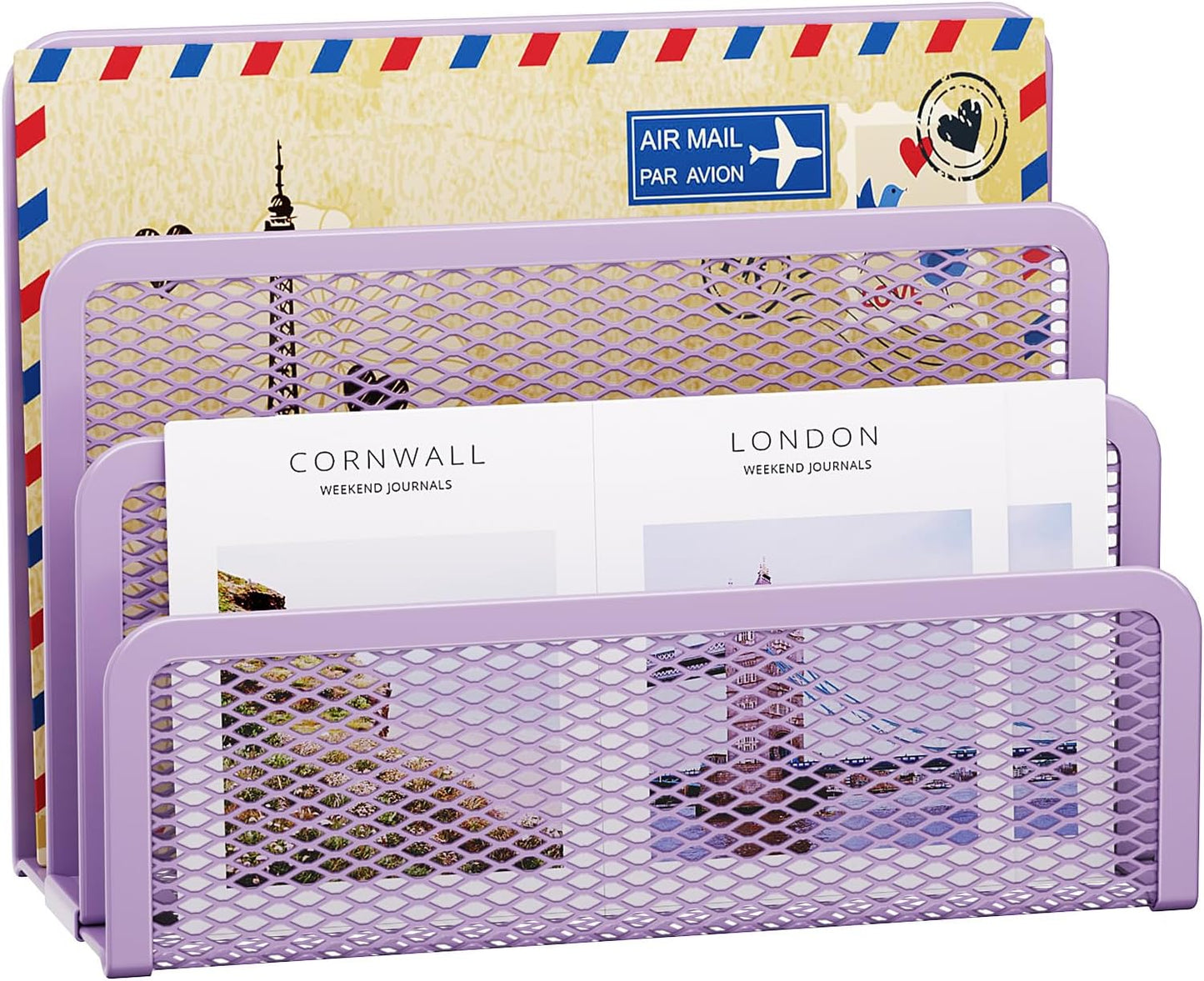 Marbrasse Mail Organizer for Desk, 3-Slot Mesh Metal Mail Holder countertop, Letter Holder, Office Desktop Envelope and Document Storage Rack (Purple)