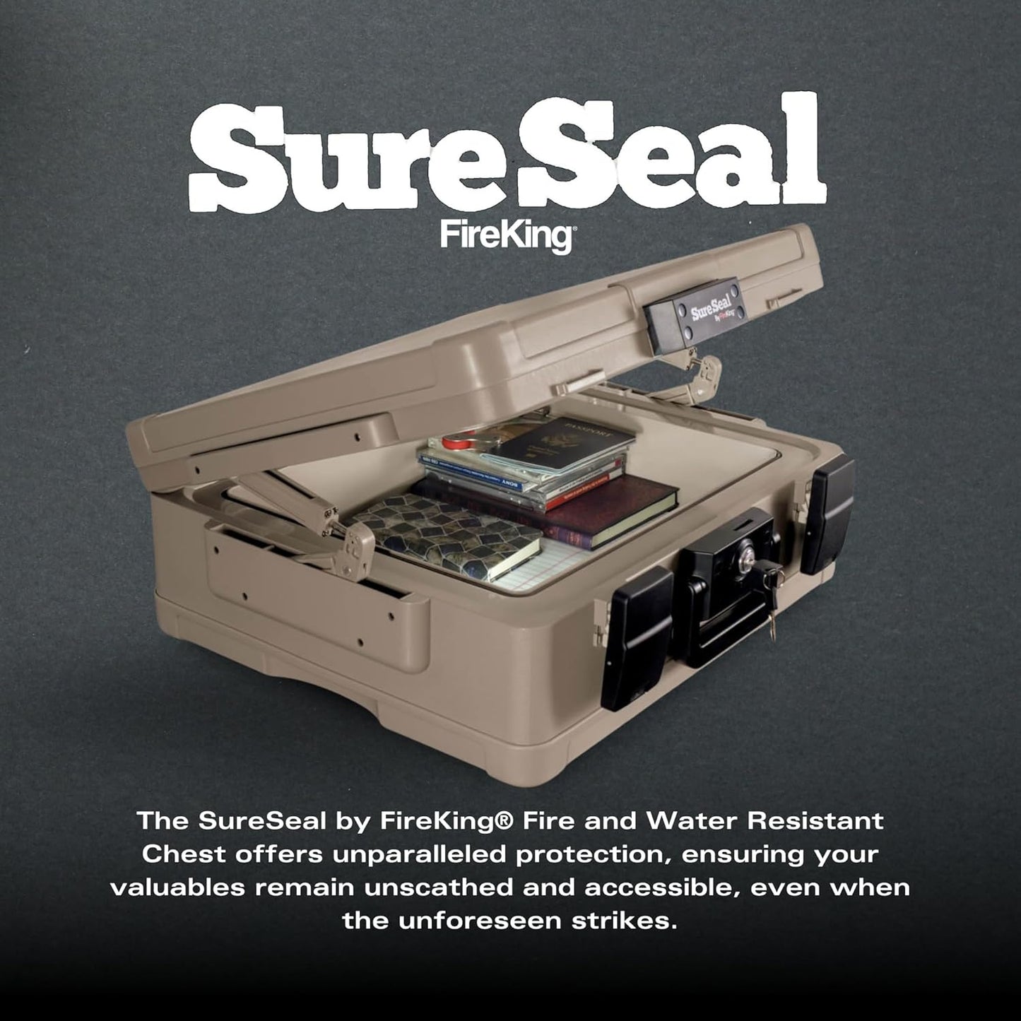 FireKing SureSeal Fire Safe with Key Lock, 1 Hour Fire Rated, UL Rated & 100 Hour Water Resistant Home Safe, Portable Home Safes, Taupe